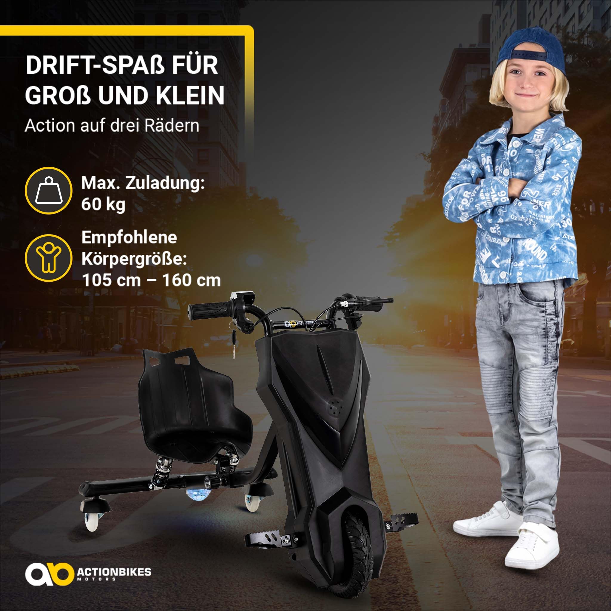 Actionbikes Motors Kinder Elektro Driftscooter | 𝟐𝟓𝟎 Watt Motor - Drift Cart 360°- 3 Geschwindigkeitsstufen - LED-Beleuchtung - Sitz verstellbar - Bluetooth - Drift Kart - Drift Auto (Black)