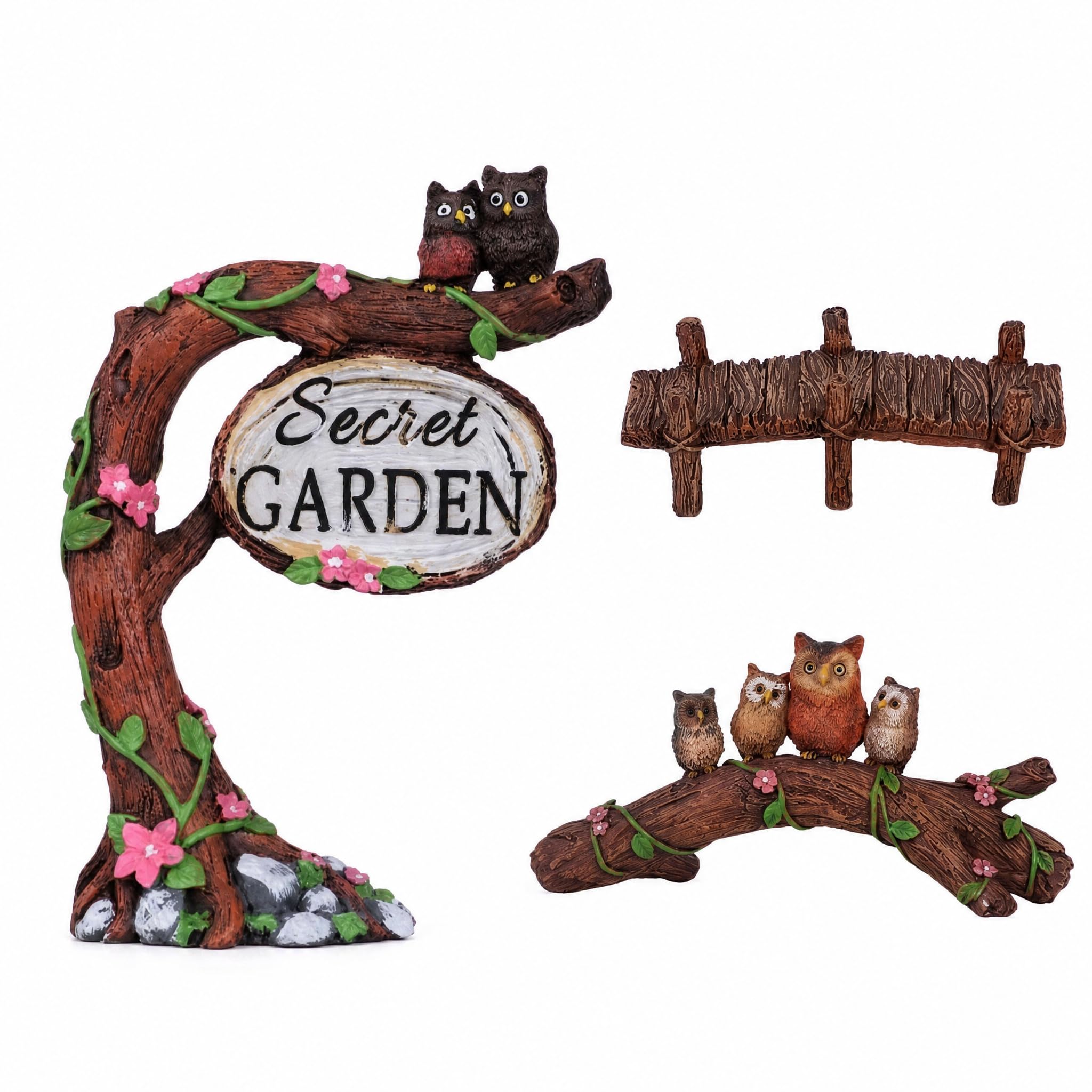 Binwat 3Pcs Fairy Garden Accessories, Miniature Garden Ornaments Micro Landscape Decorations Owl Signs, Bridges, Owl Branches Set for DIY Terrarium Potted Plants Dollhouse Desk Decor(Branches set)
