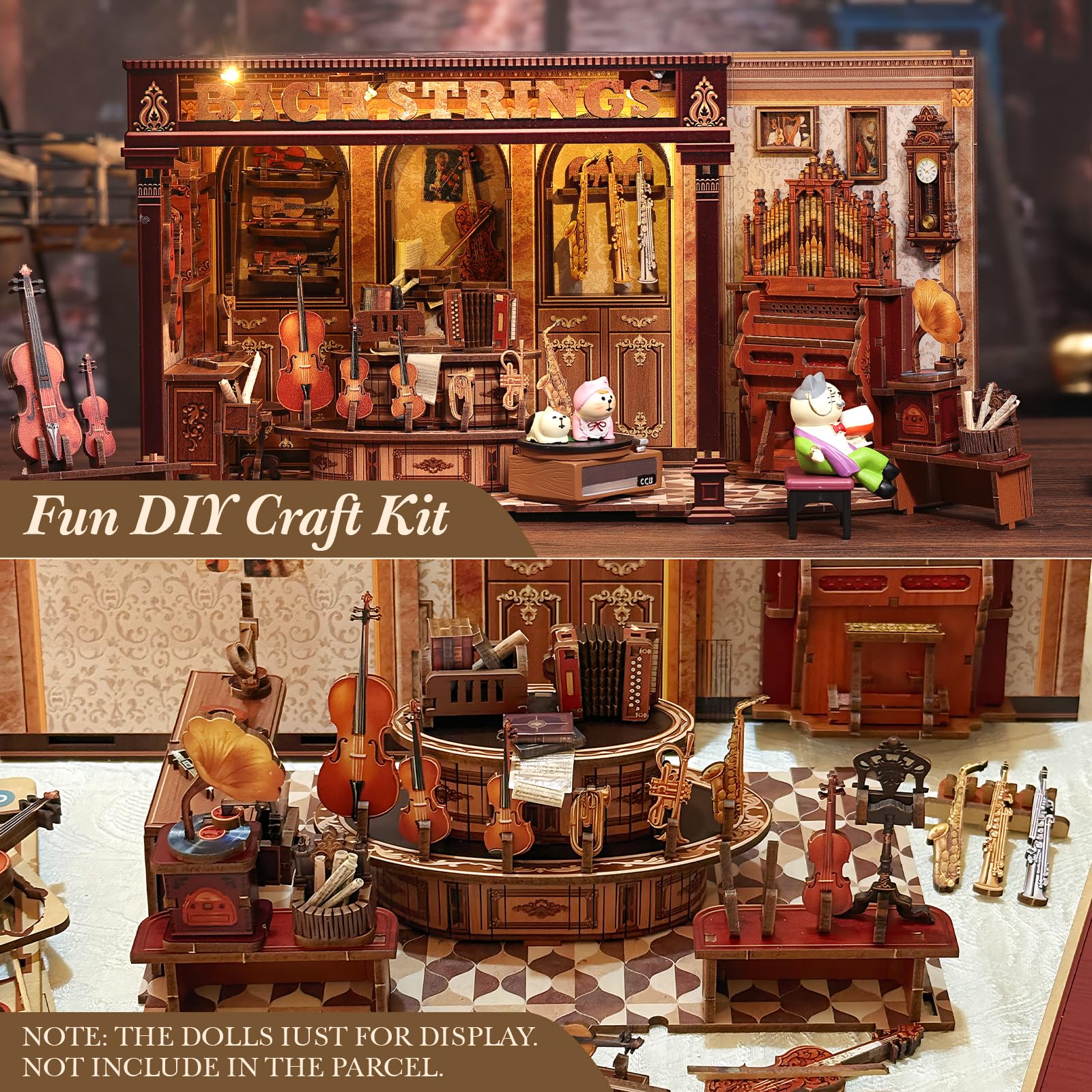 CUTEBEE Book Nook Kit - Casa delle Bambole a Tema Musica Classica, Casa in Miniatura Vintage con Luci LED, Decorazione per Libreria, (Bach Strings)