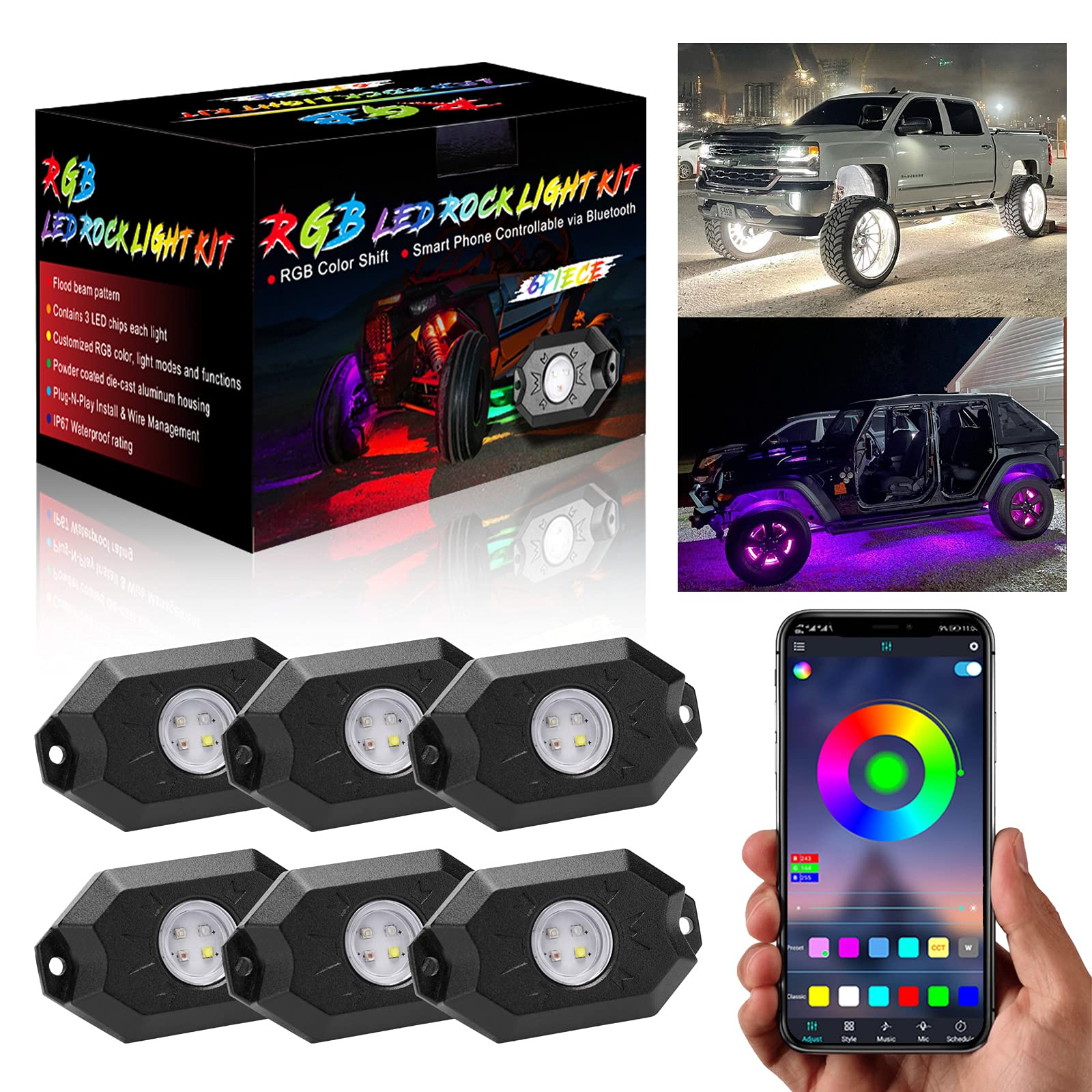 RGBW 6 Pods Rock Lights, YCHOW-TECH Car Underglow Rock Lights with APP Control LED Rock Lights Multicolor Neon Light Pods w/Flashing Music Mode Wheel Lighting for Off Road Truck ATV UTV RZR SUV Boat