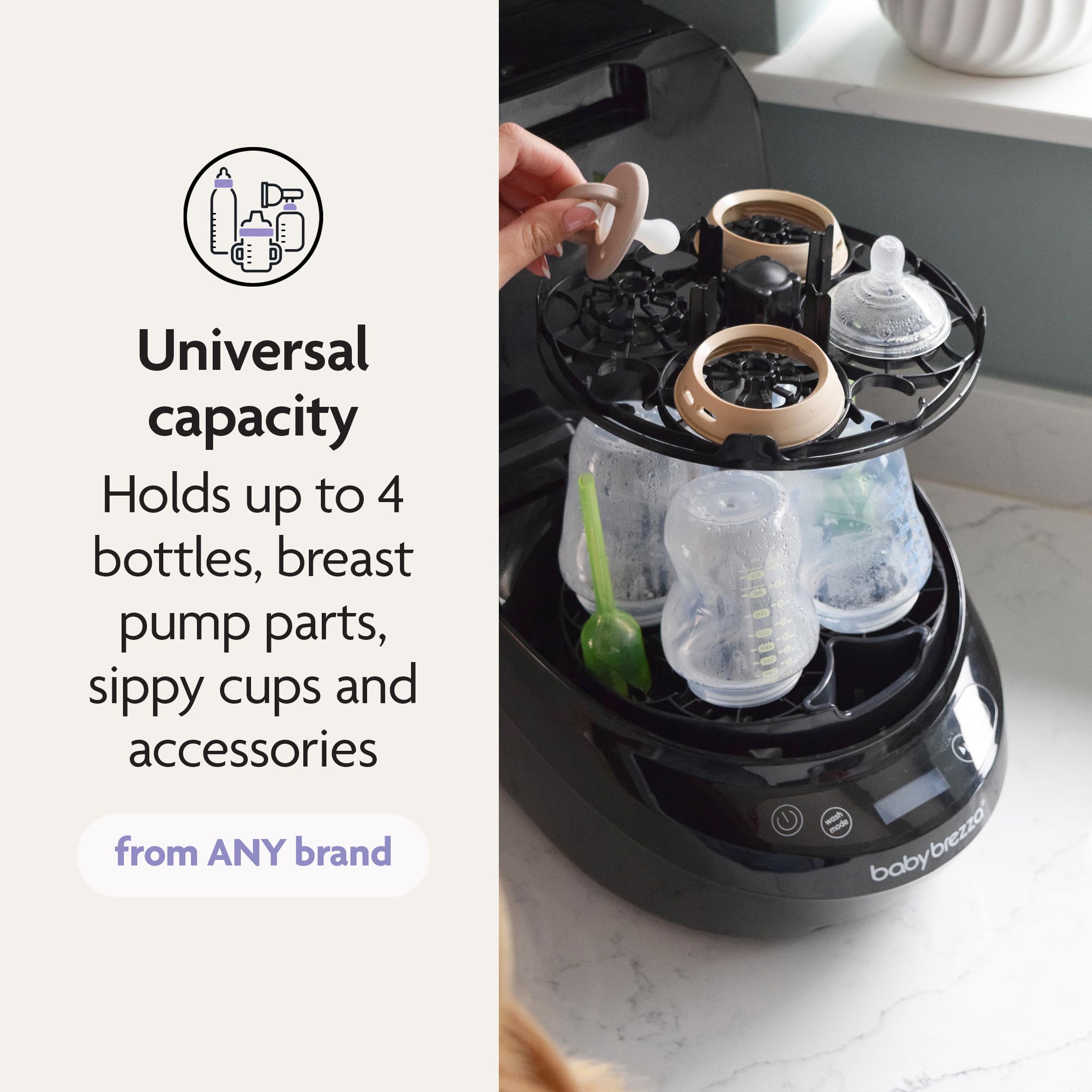 Baby Brezza Bottle Washer Pro - Limpiador de Biberones Automático, Esterilizador y Secador 3 en 1 | Lavado a Presión con 6 Modos de Limpieza | Mayor Capacidad - 4 Biberones y Accesorios (Negro)