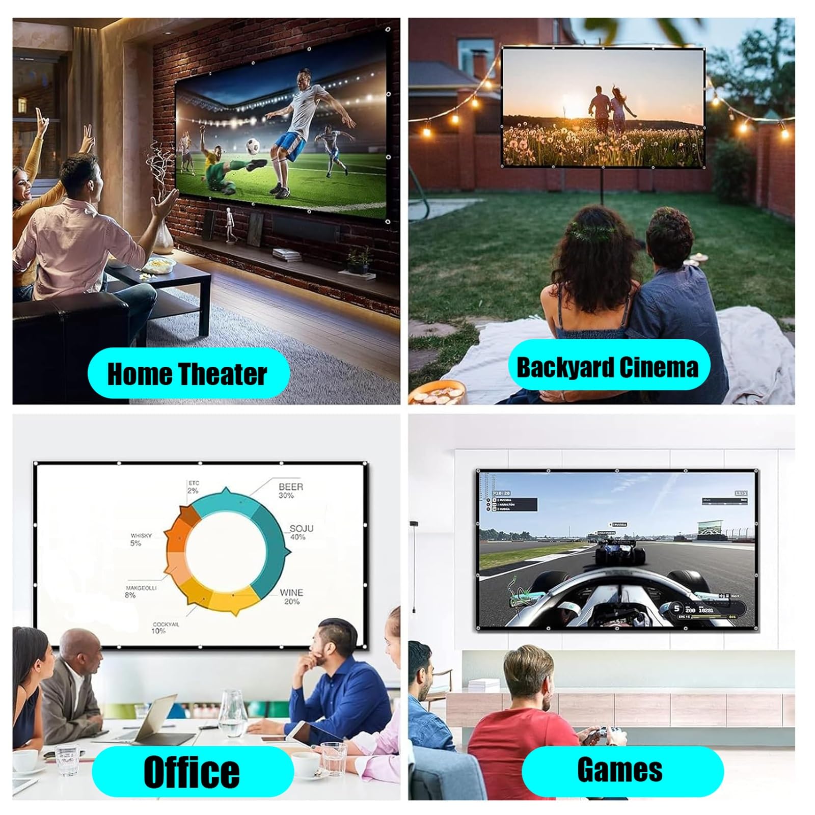 Schermo Proiettore per Esterni da 100/120/150 pollici, Telo Proiettore Portatile Antipiega Pieghevole HD 4K 16:9 per film per Home Theater, Feste(120inch(16:9))