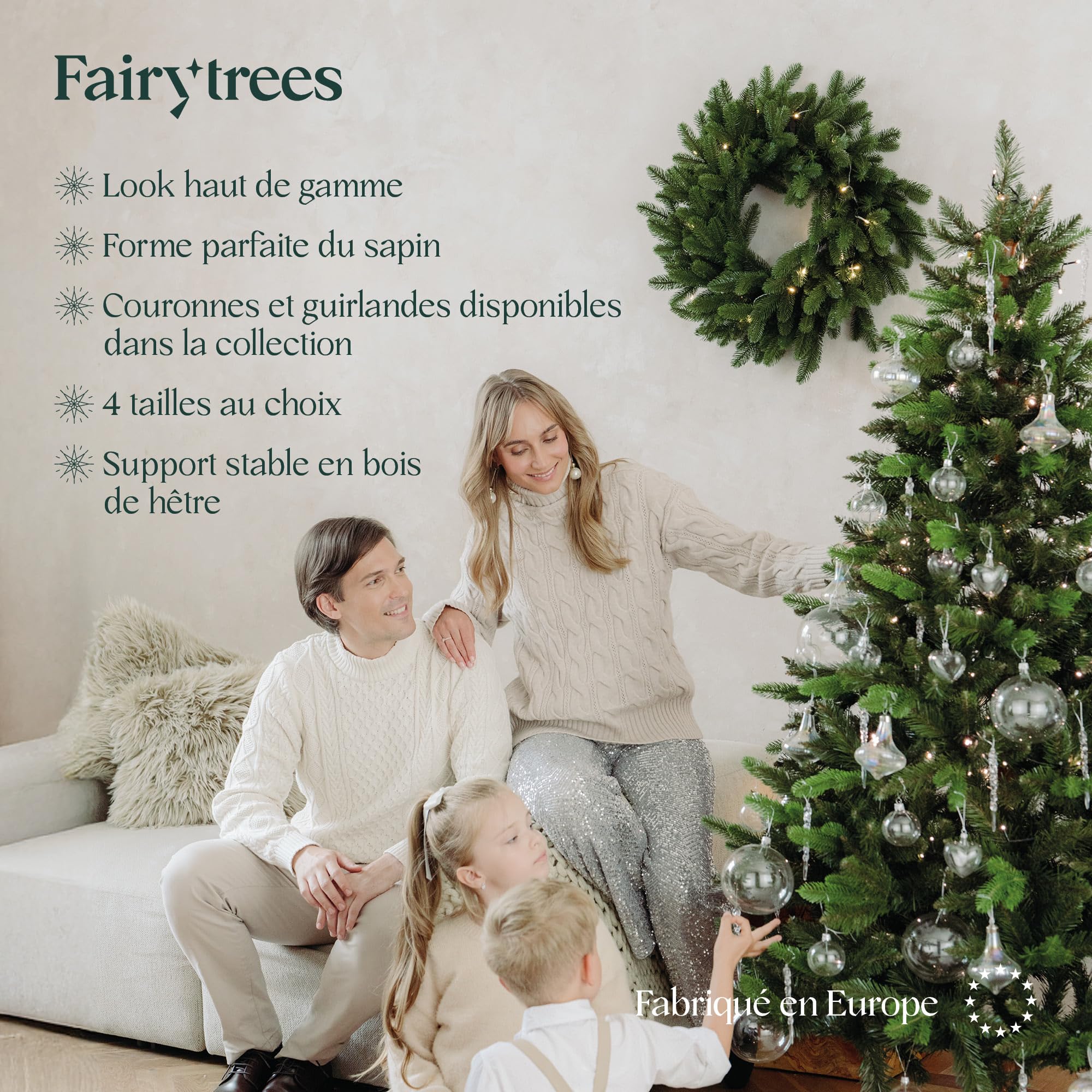 FAIRYTREES Sapin de Noël Artificiel, Nordmann Premium 180 cm, Éléments naturels moulés par Injection, Fabriqué en UE, Arbre de Noël avec Support en Bois de frêne Fait à la Main