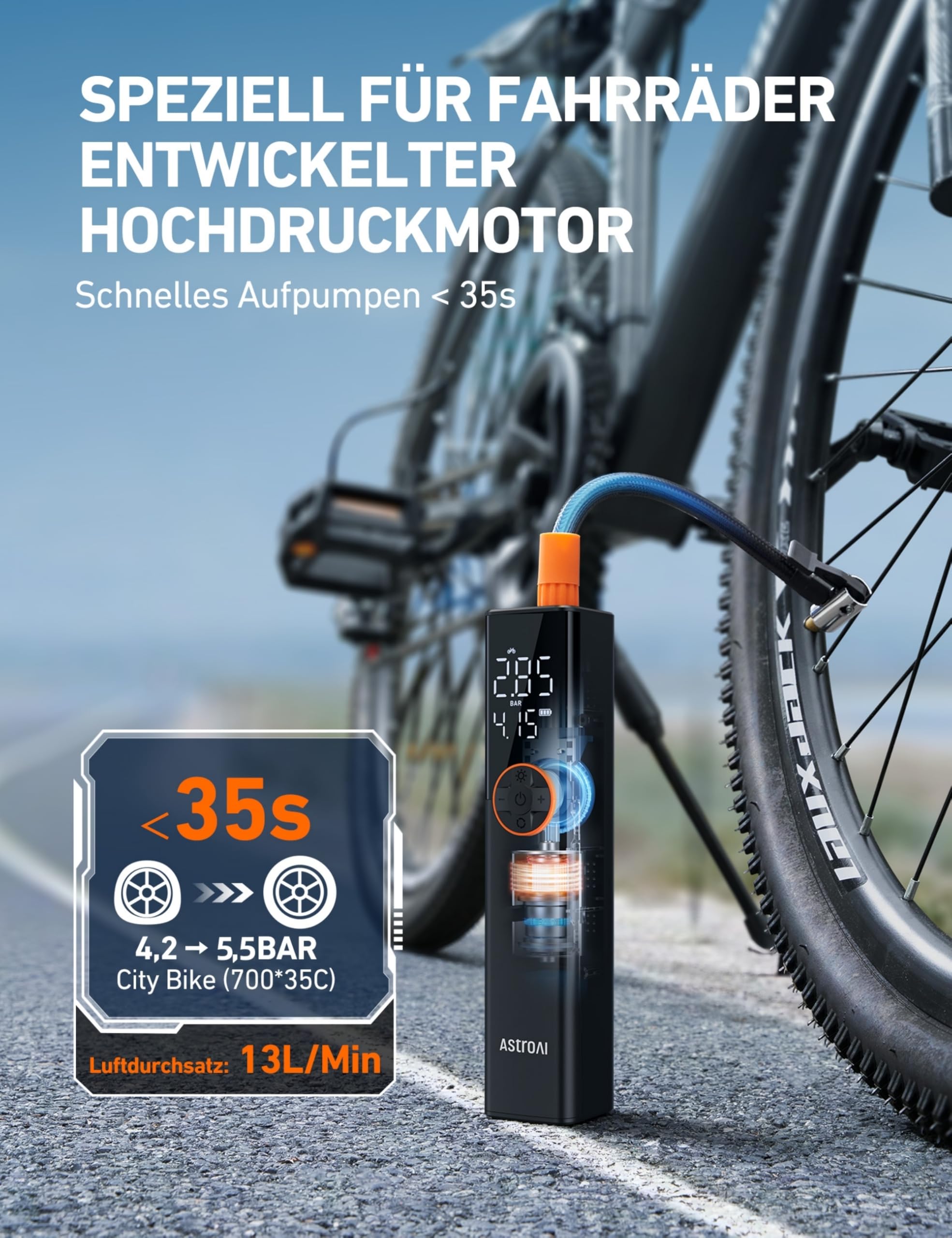 AstroAI Fahrradpumpe Elektrische Luftpumpe, 150PSI Mini Tragbare Akku Fahrradpumpe alle ventile, Hochspannungsmotor Speziell für Fahrrad, Wiederaufladbare für Stadtrad, Rennrad, Mountainbike