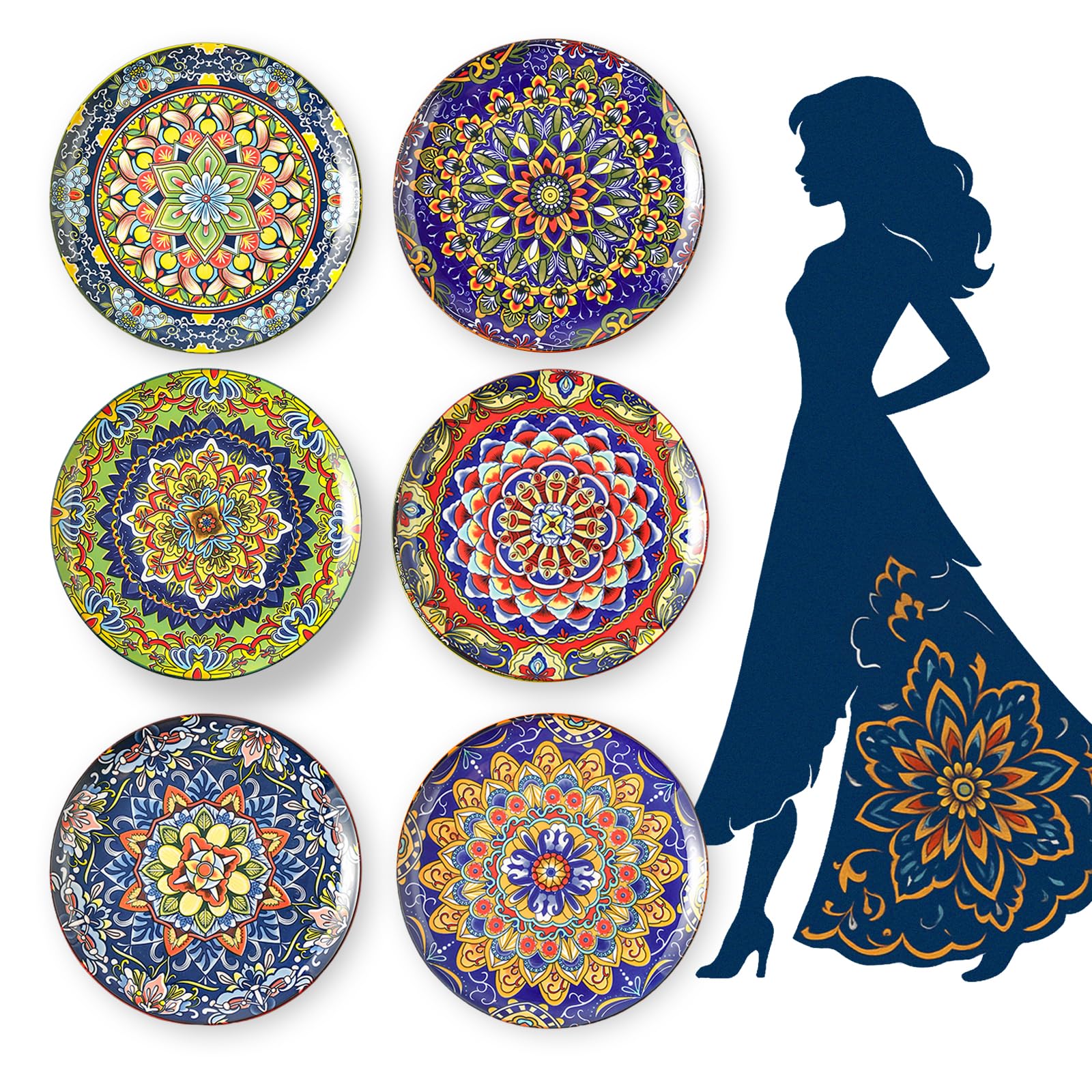 AHX Set di 6 Piatti Piani in Ceramica - Piatti Colorati Grandi per Portate Principali, Pasta, Insalata e Bistecca - Stile Bohémien - Adatti a Microonde e Lavastoviglie - 26,7 cm