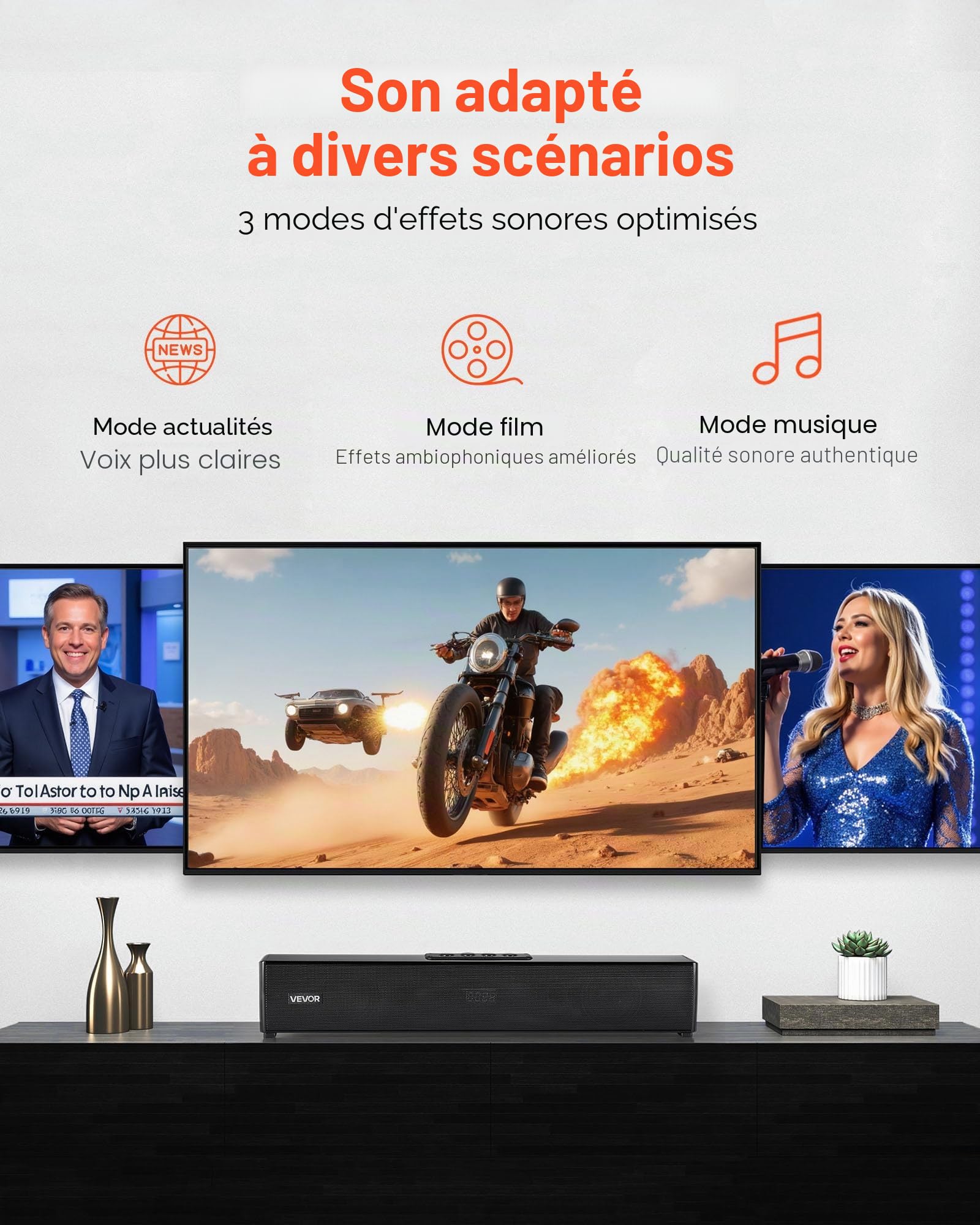VEVOR Barre de Son pour Smart TV 2.0 Canaux, Compacte 45 cm, Enceinte TV Home Cinéma Projecteur, Connexion Bluetooth AUX, avec Télécommande, Système de Son Surround Stéréo 80 W pour PC, Téléviseur