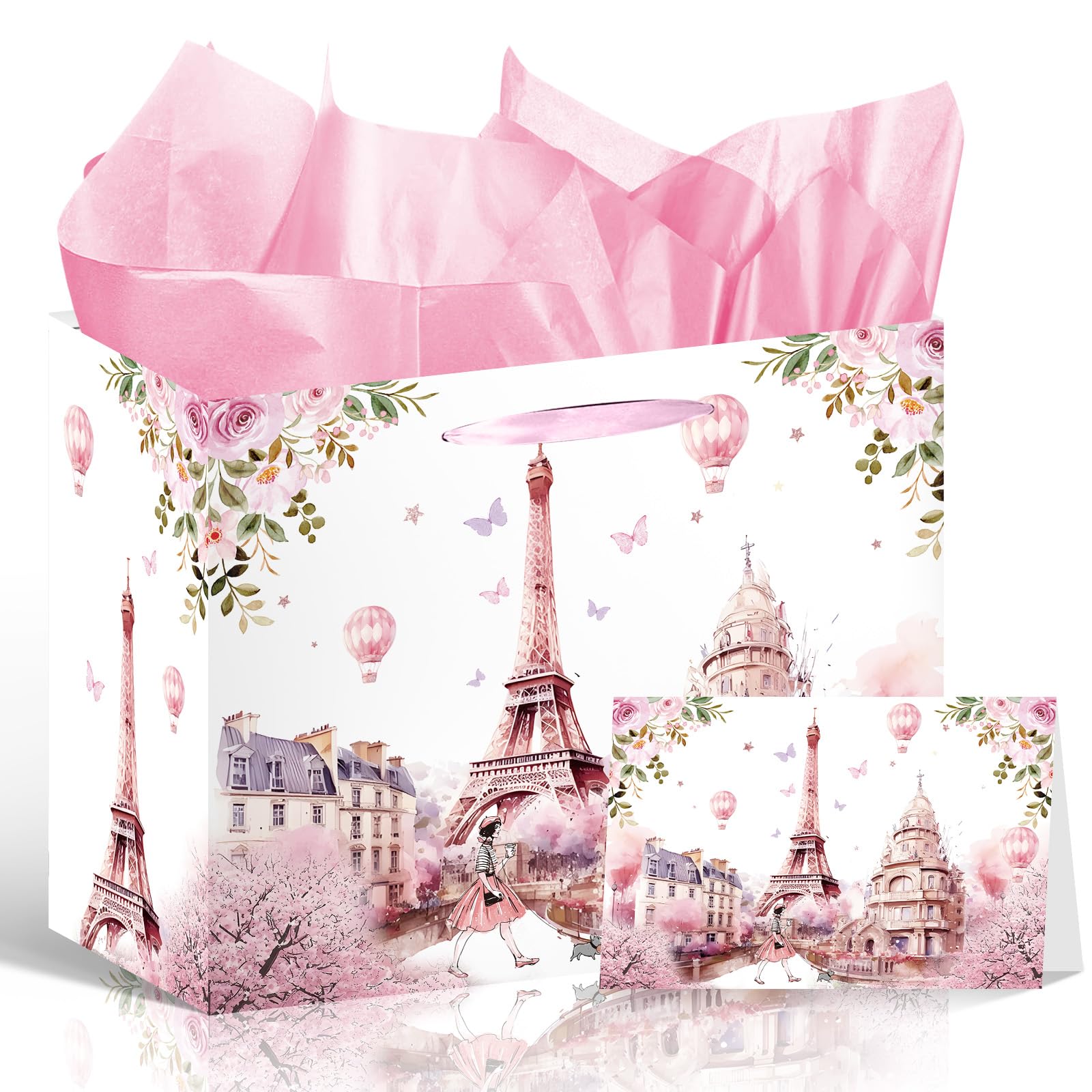 Wxiben Paris Themed Party Decorations - Eiffel Tower Gift Bag, Pink Flower Party Favor Wrapping Bag with Handle Tissue Paper Greeting Card, Birthday Baby Shower Decor Supplies for Women Girls