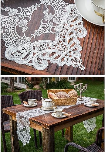 Miniatura 6 de Camino de mesa de encaje y bufanda de tocador bordada con flores blancas, camino de mesa de 10 x 110 pulgadas, decoración de mesa de comedor para