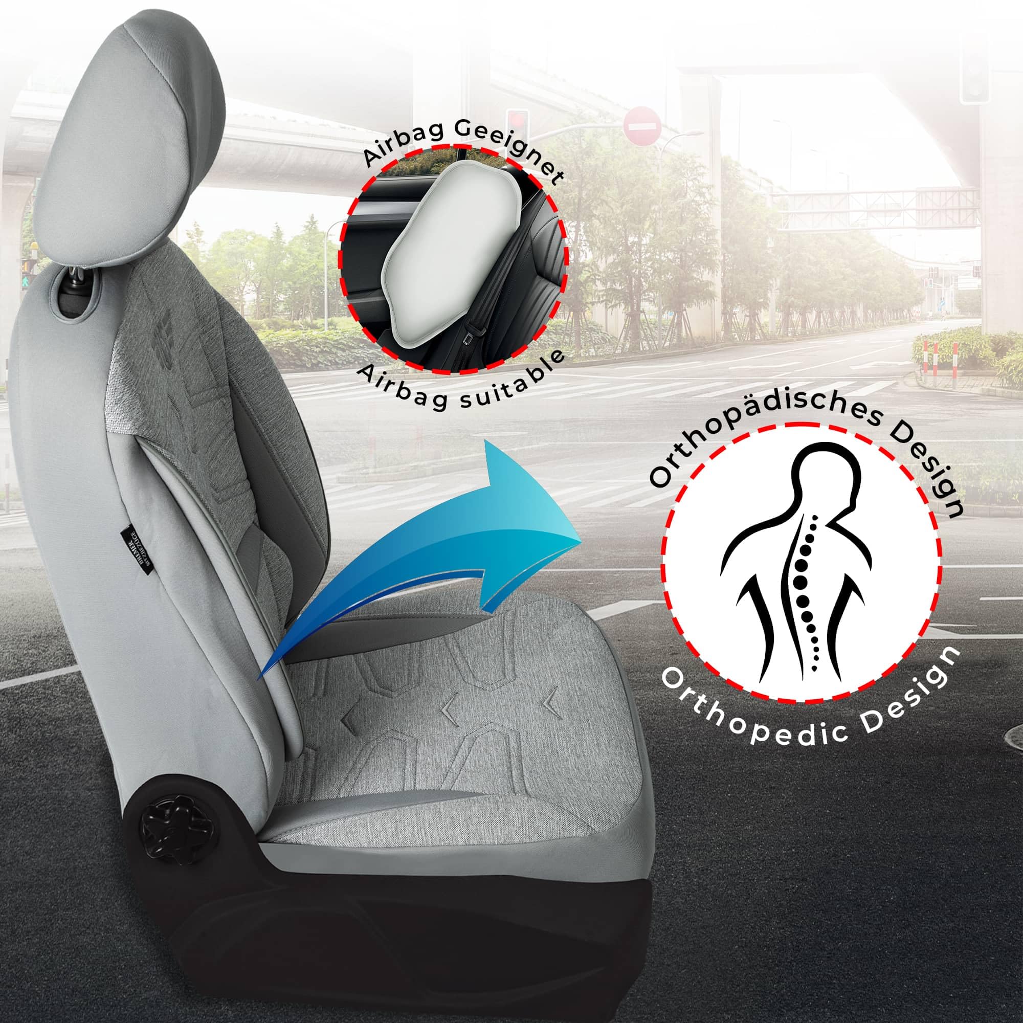 Autositzbezüge Universal für PKW, SUV – Premium Vordersitzbezüge Grau, hochwertig verarbeitet für mehr Sitzkomfort, Airbag-kompatibel, Schonbezüge für Fahrer & Beifahrersitz mit Rückentasche