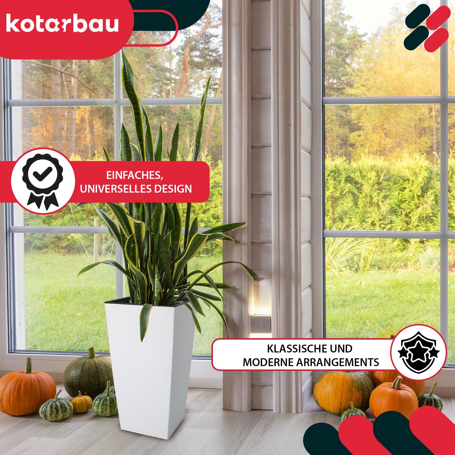 KOTARBAU® - Vaso da fiori quadrato con vaso interno, 291 x 291 x 545 mm, bianco opaco