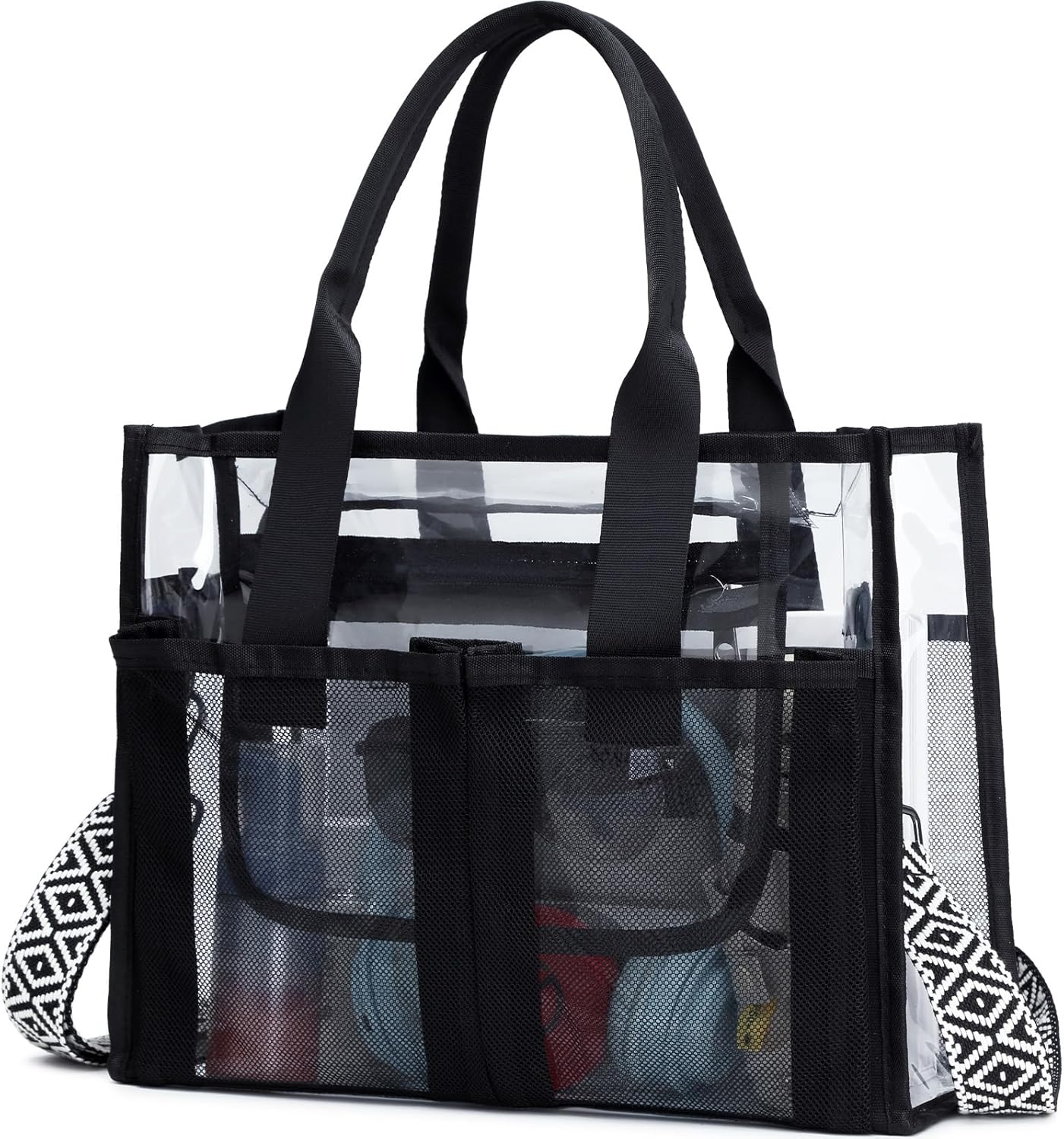 getgto Travel Tote Bag, Mesh Beach Bag Clear Bag for Stadium Events with Multiple Pockets for Sport, Concerts, Beach, Pool