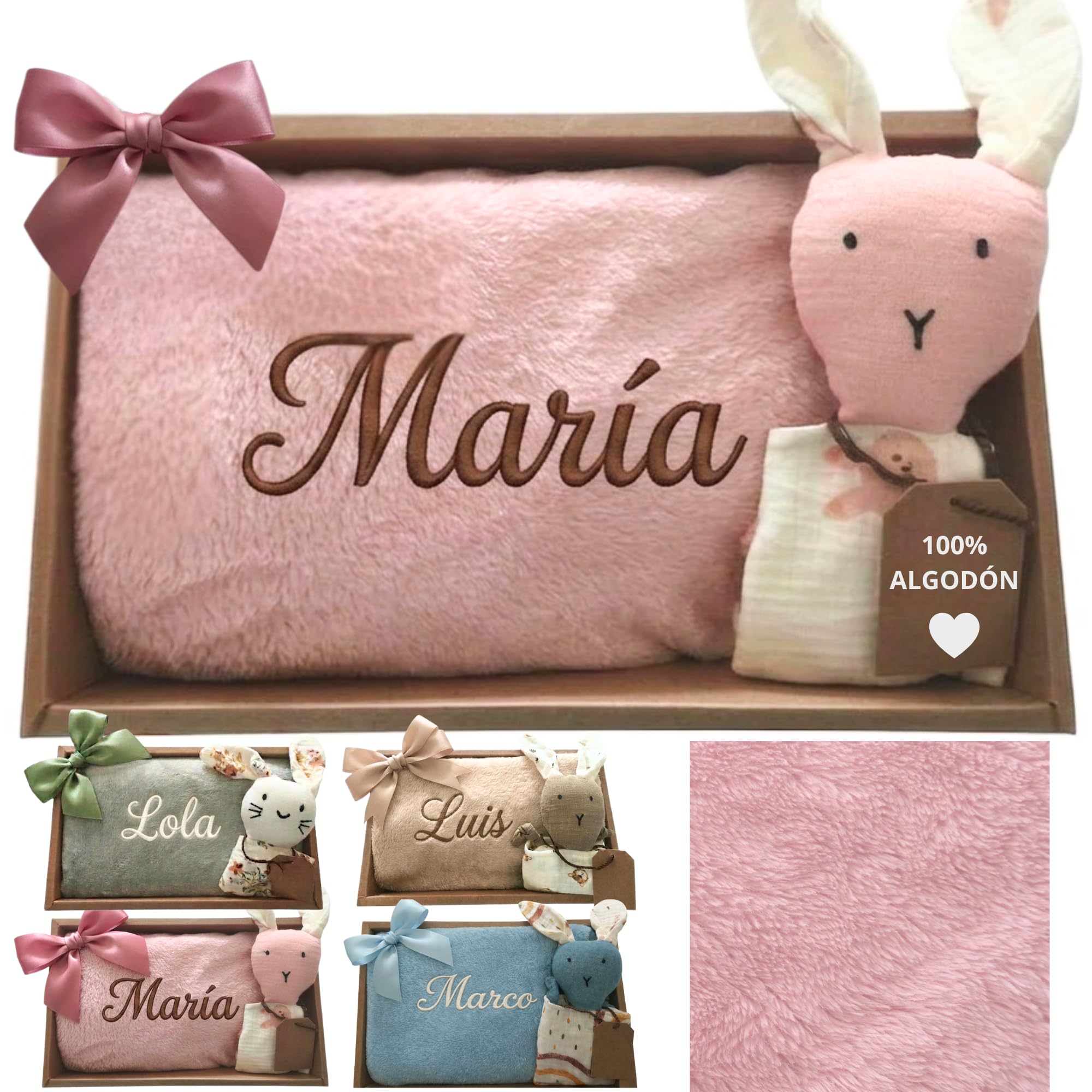 Dalvitas Manta Bebé Personalizada Nombre Bordado + Dou-Dou 100% Algodón - Fina y Ligera para Verano. Regalo Recién Nacido Niño Niña - Manta Suave y Peluche - Regalo Padres y Mamás Primerizas (Rosa) - 1