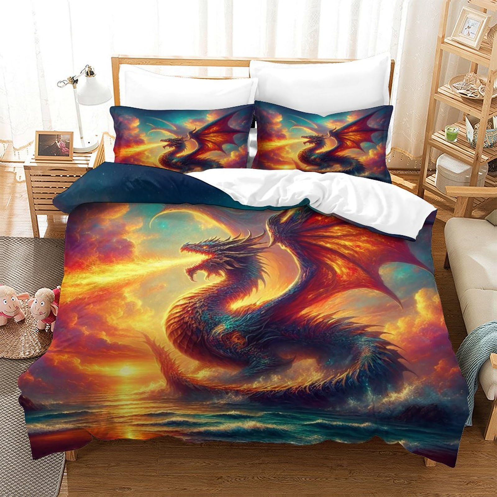 TNFHSOFT Flying Dragon Duvet Cover Set 3 Pieces Microfiber Bedding Set,3D Printed Flame Dragon Quilt Cover with Pillowcase,Bed Set All Season Decor for Kids Adults Comforter Cover