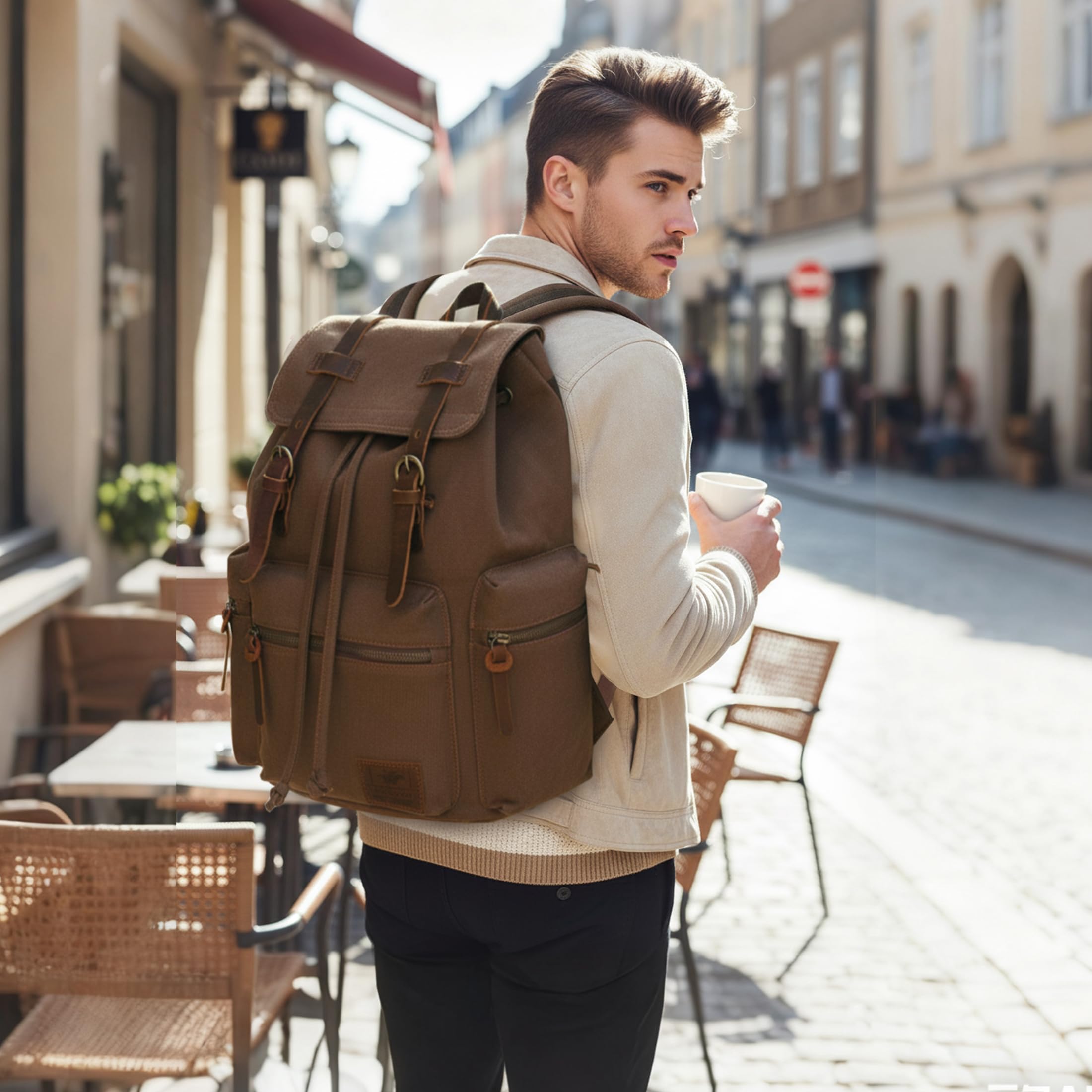 VARLIVOO Vintage Canvas Rucksack Herren mit Klappe 14 Zoll Laptop