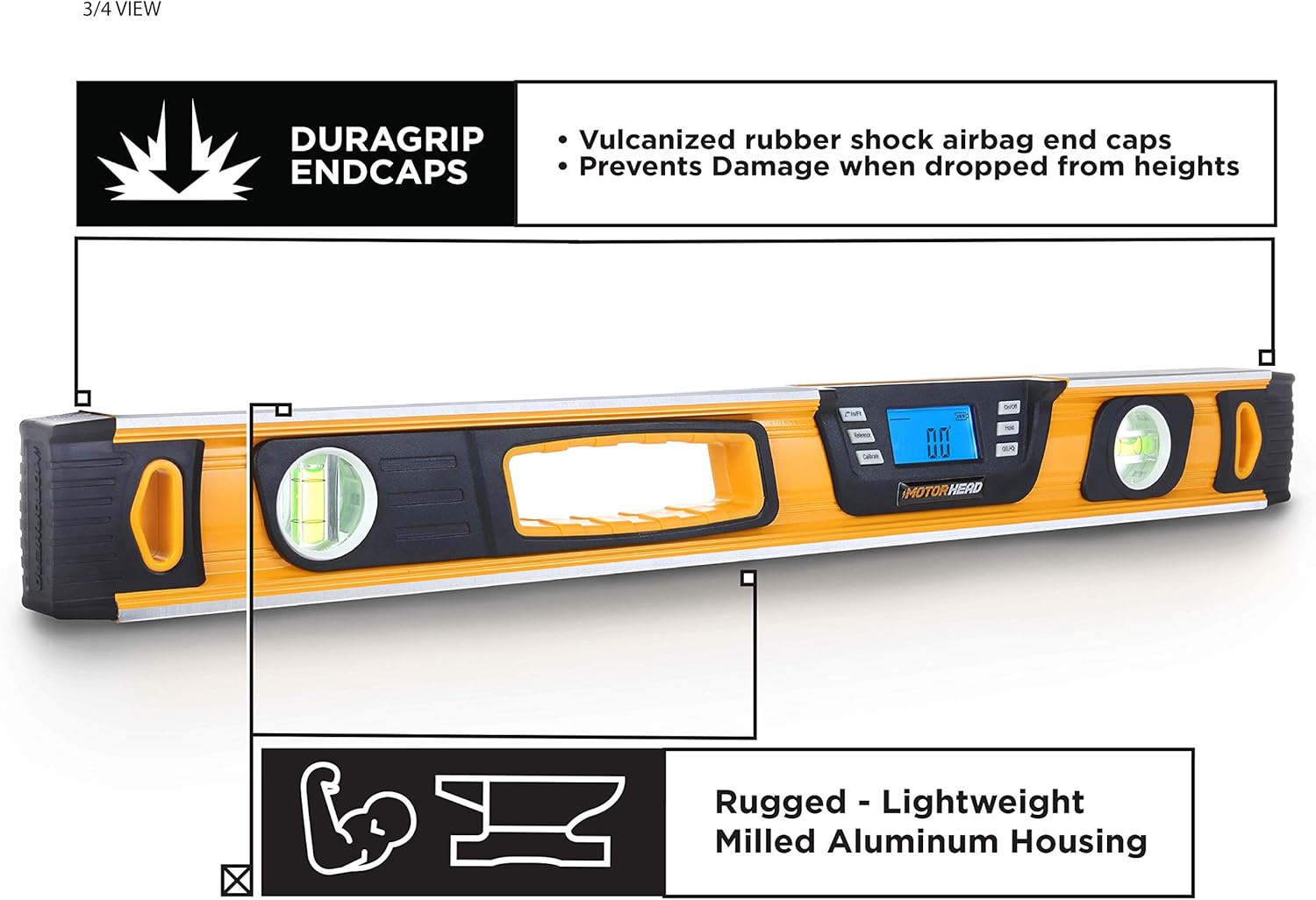 Side view of the MOTORHEAD Smart Digital Level highlighting the DURAGRIP endcaps and solid milled aluminum housing.