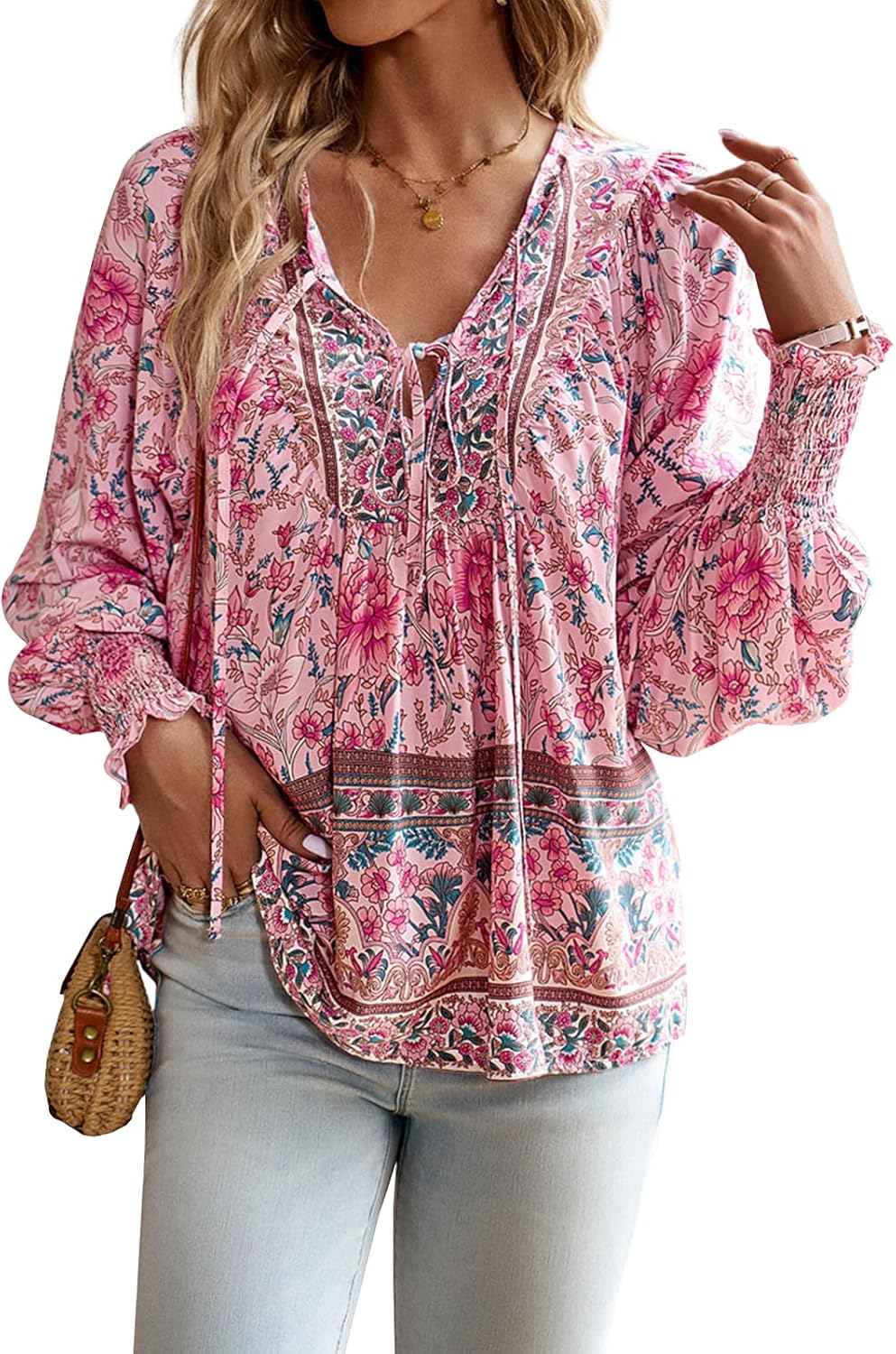 LONGBIDA Women’s V Neck Boho Long Sleeve Top Shirts Drawstring Casual Elastic Cuffs Floral Print Blouses - Image 6