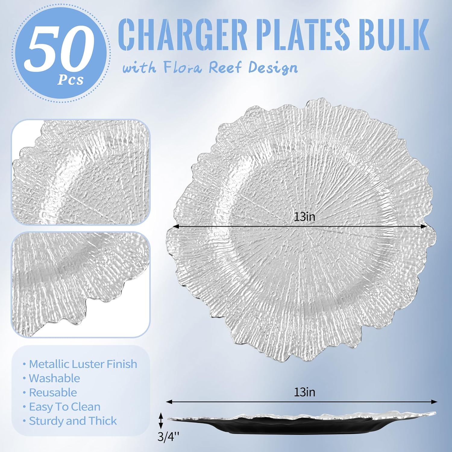 50 Pcs Silver Charger Plates 13" Round Charger Plates Bulk Reef Chargers for Dinner Plate Decorative Silver Plastic Chargers Plate for Wedding Party Event Baby Bridal Shower Dinner Table Decoration