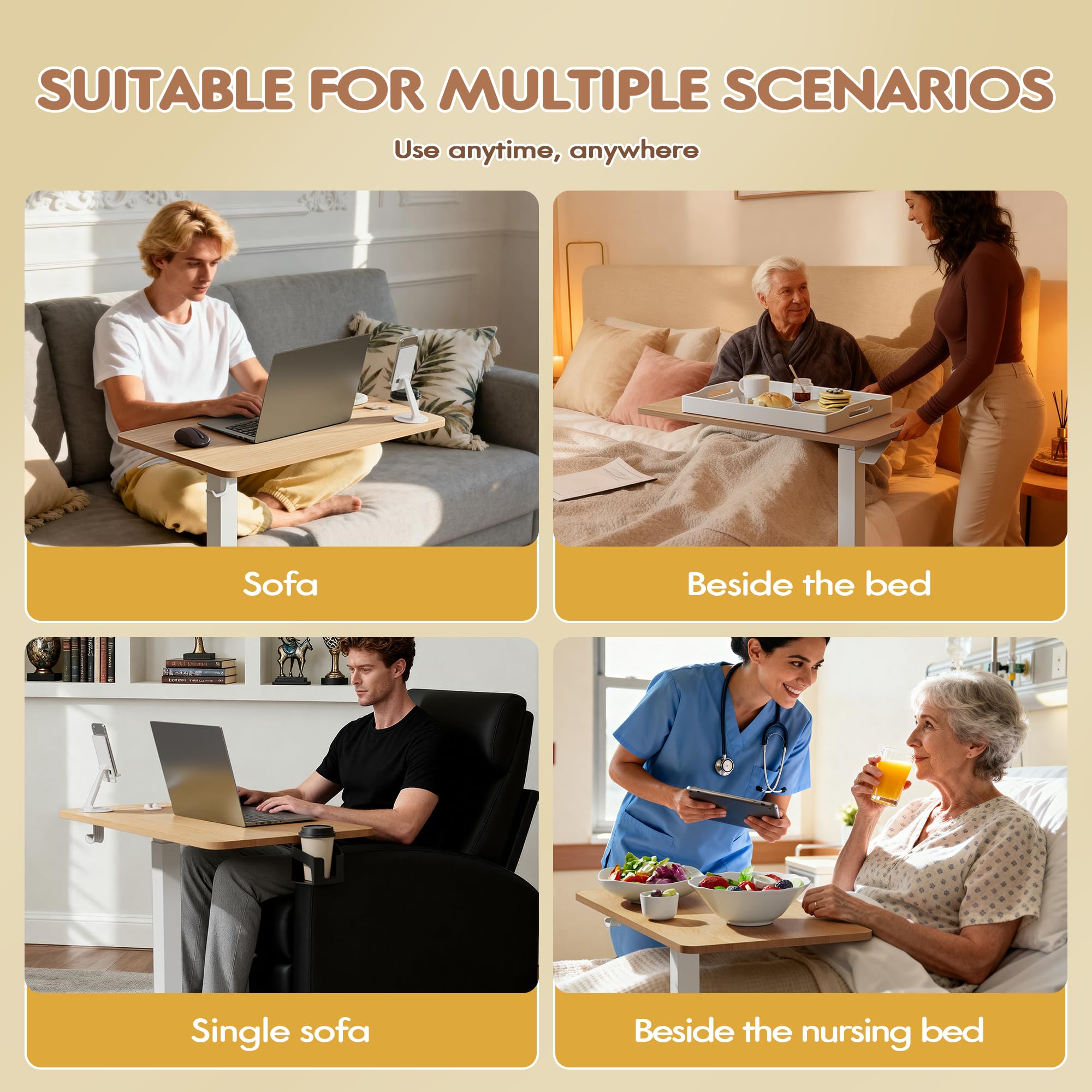 Furmax Mobile Standing Desk with Wheels Pneumatic Adjustable Rolling Computer Desk Laptop Table for Bed Couch Maple Small — view 2