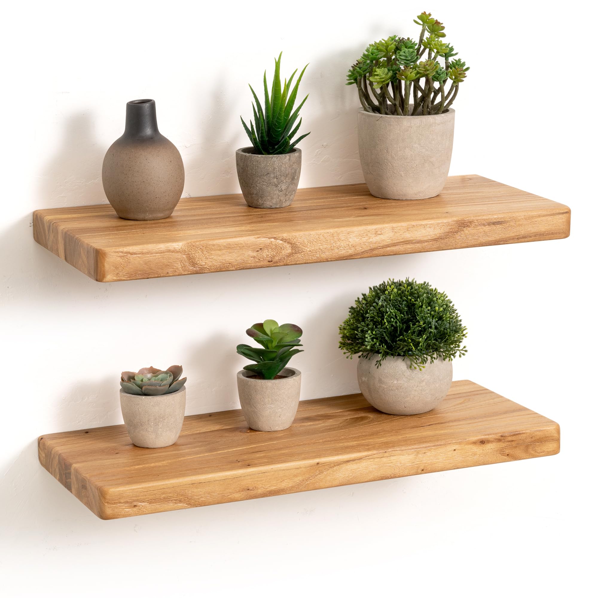Fun Memories Floating Shelves, 46cm Rustic Elm Wood Wall Shelves, Wall Mounted Floating Shelf with Invisible Bracket for Living Room, Bedroom, Kitchen, Natural Finish Set of 2