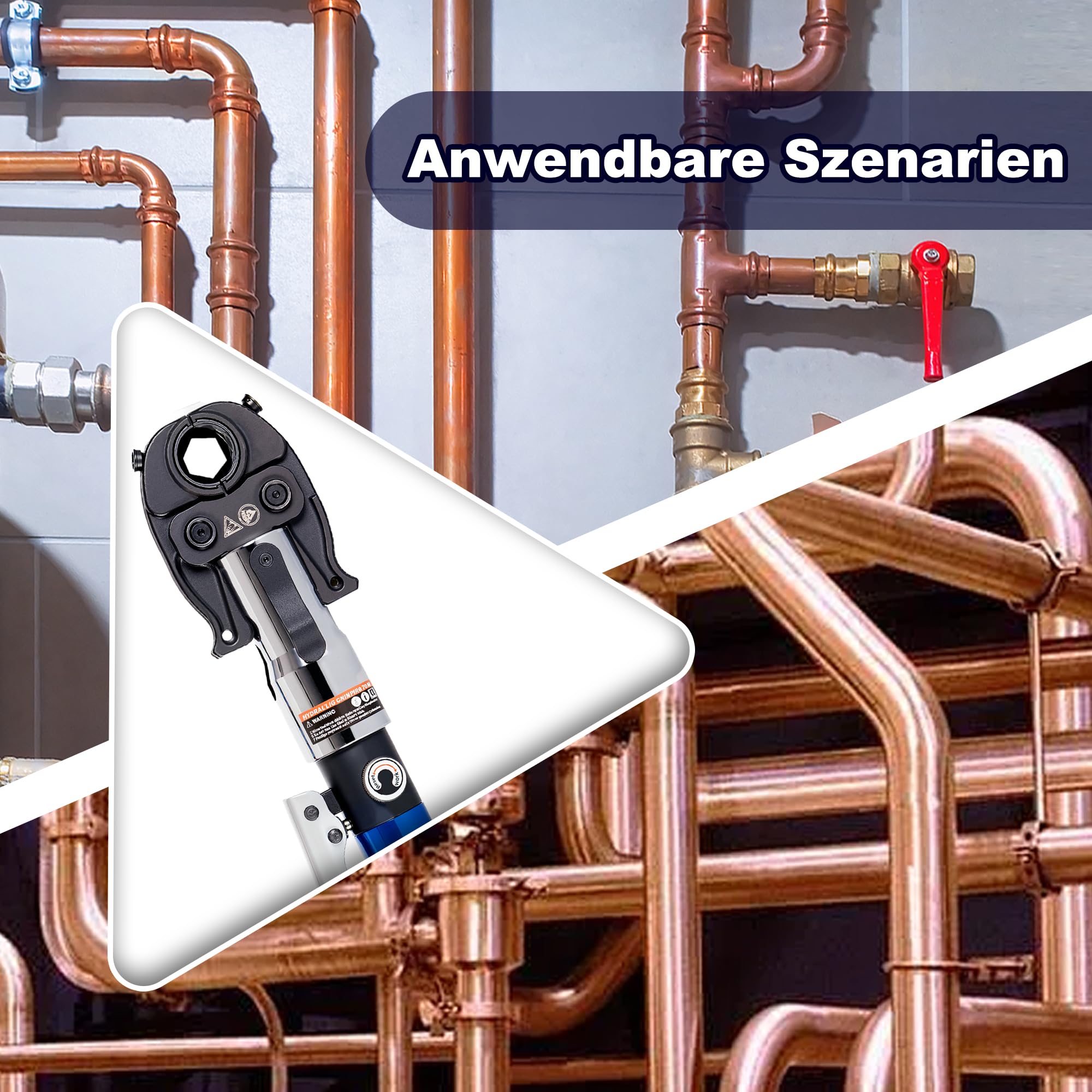 AMZCNC Rohrpresszange V Kontur 5 Pressbacken 12-28mm 80kN | Für Installateure & SHK Profis 360° schwenkbarer Presskopf für enge Arbeitsbereiche