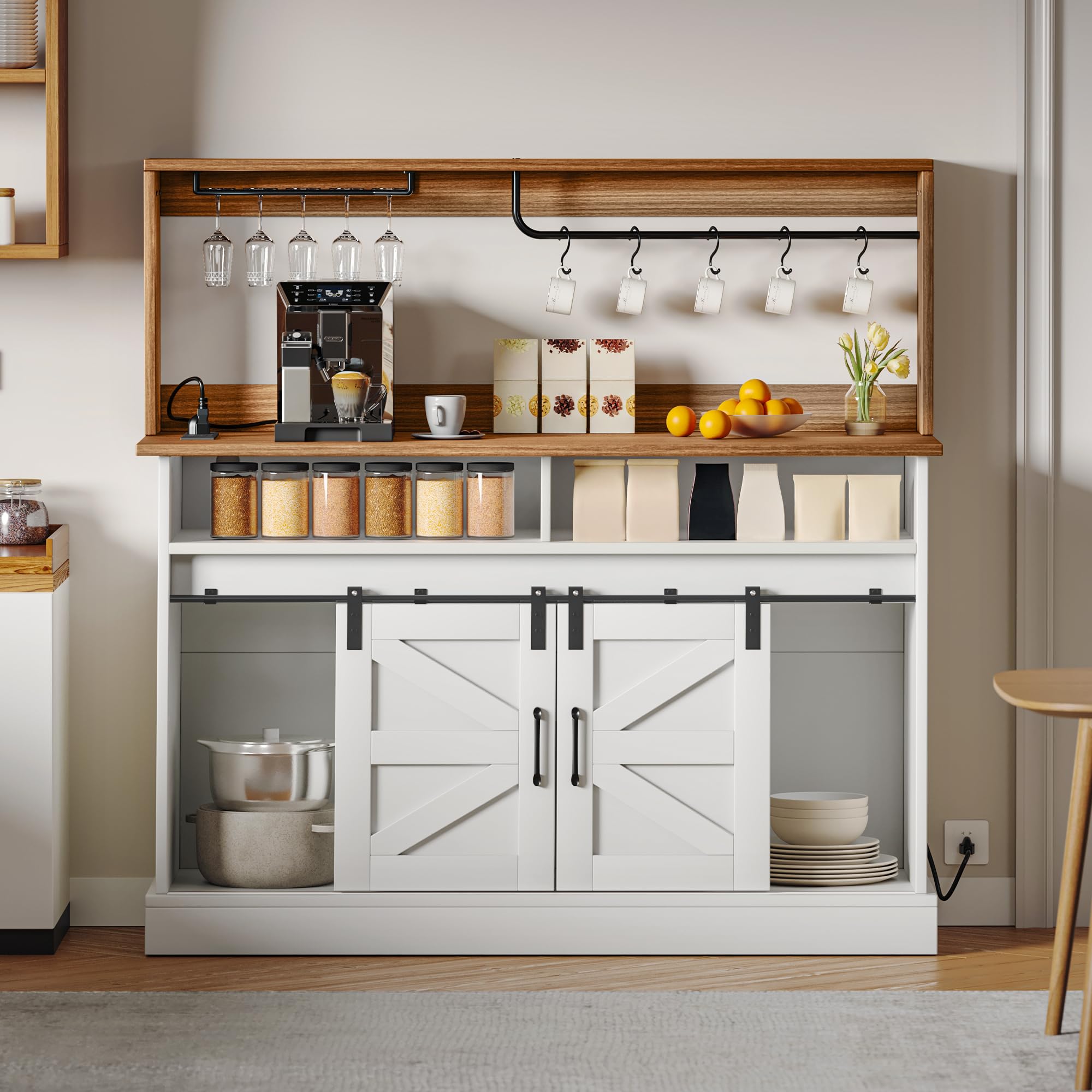 DWVO Farmhouse Buffet Cabinets, 52" Coffee Bar with Goblet Holder & Power Outlet, Sliding Barn Door Sideboard Cabinet for Kitchen & Living Room