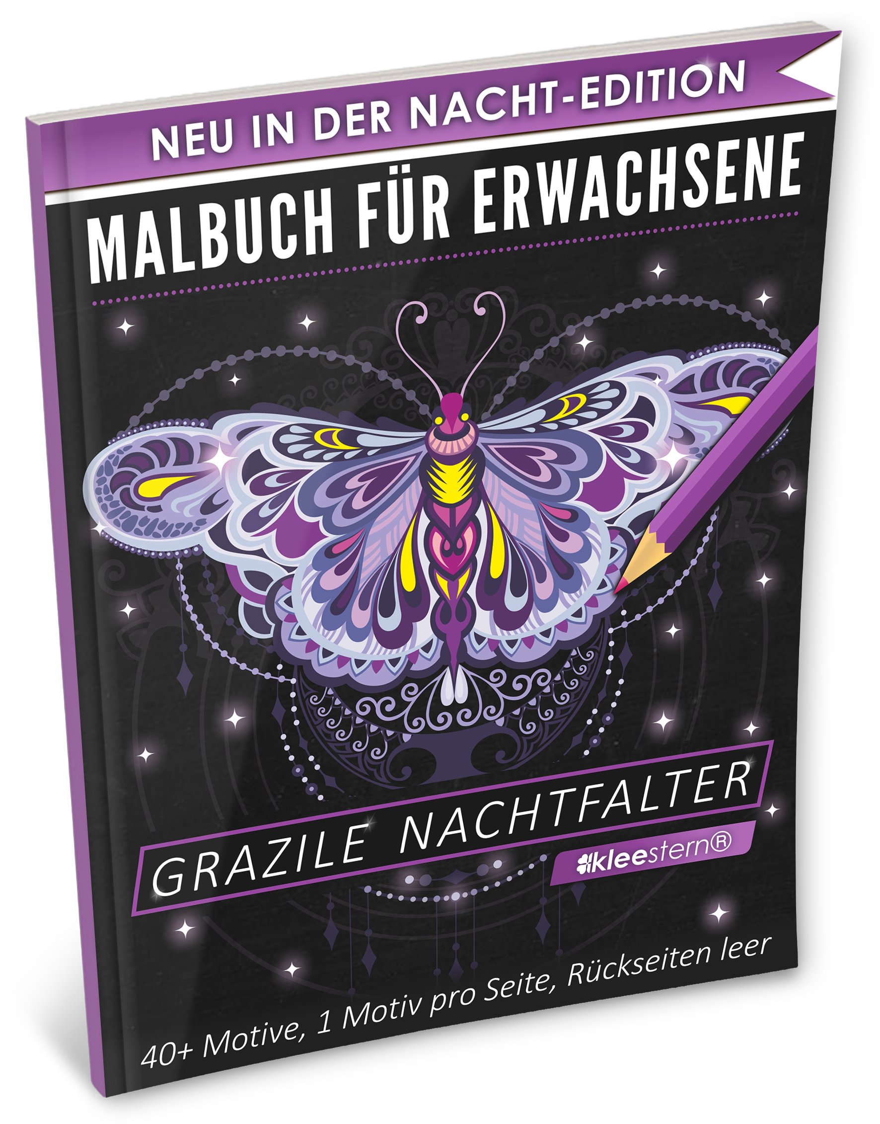 Malbuch für Erwachsene: Grazile Nachtfalter (A4 Nacht Edition, 40+ Ausmalbilder, Ideal für Neon & Glitzerstifte, Kleestern®)