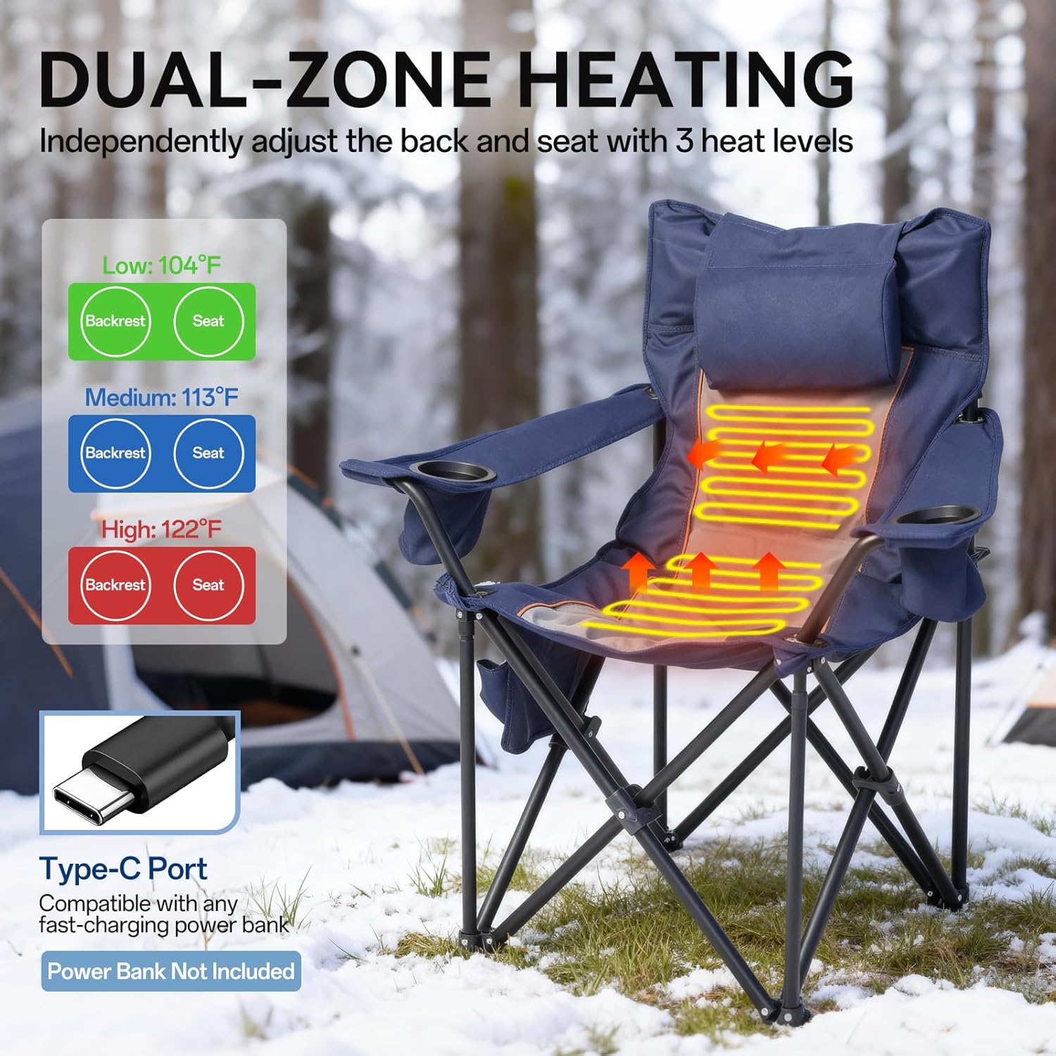 Heated Camping Chair, Oversized Folding Heated Chair with Back & Seat Heating, Supports 400 lbs, Portable Heated Outdoor Chair for Camping,Fishing, Patio, Picnic, Battery NOT Included, Navy Grey - Image 3