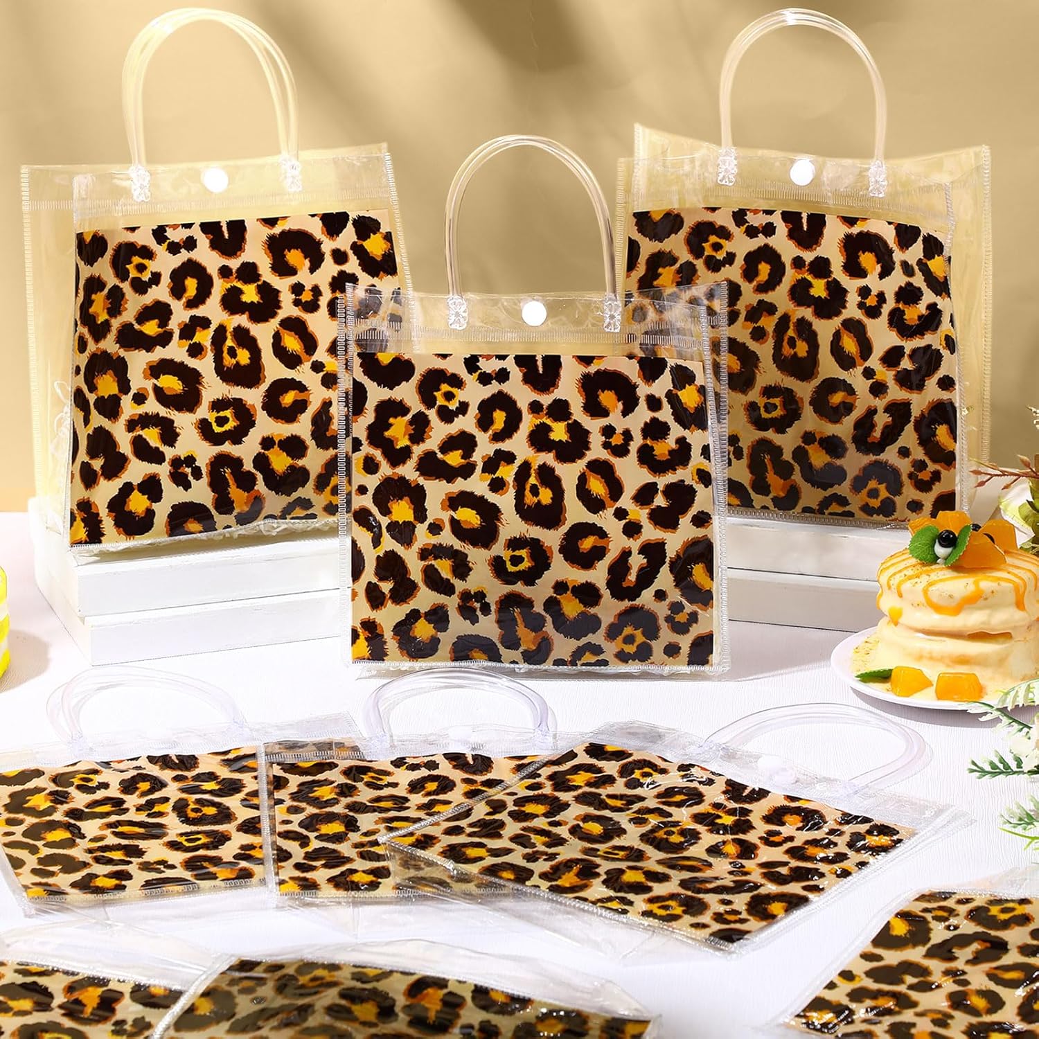 Resholder 24 Pcs Cheetah Clear Gift Bags Leopard Print PVC Treat Snack Bag with Handles Jungle Safari Party Favors for Wild Life Animal Birthday Baby Shower Decorations Supplies, 8 x 8 x 3.15 Inch - Image 6