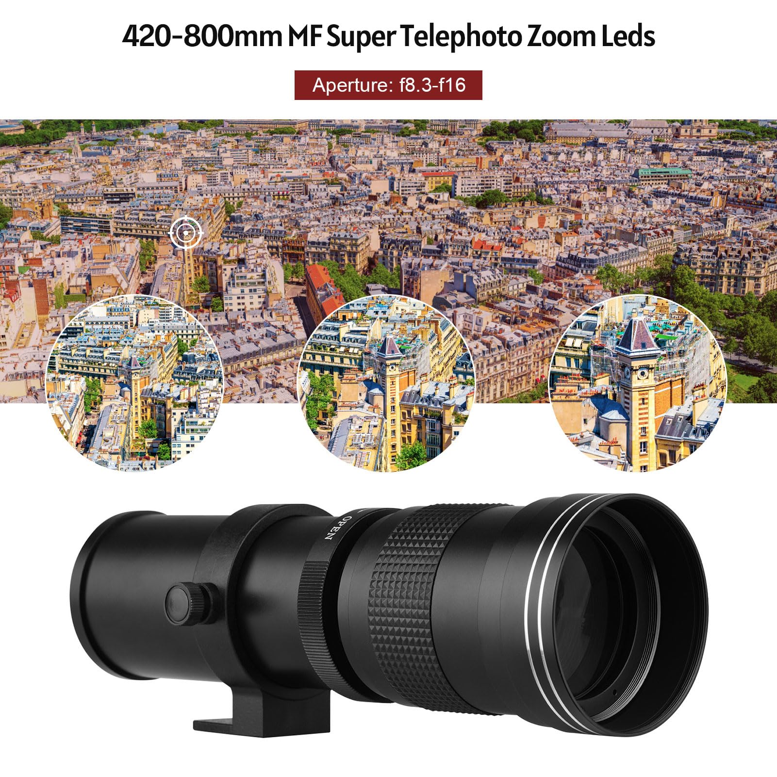 Super Teleobiektyw Zmiennoogniskowy, 420-800 Mm F/8.3-16, Aparat NEX z Mocowaniem E, Mocowanie T2, do Lustrzanek Jednoobiektywowych DSLR (BLACK)