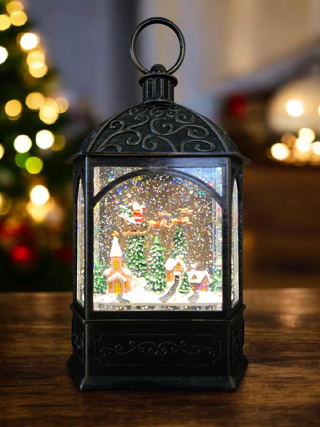 Battery Operated Lighted Holiday Spinning Water Globe Lantern with USB Cord, 11.75" H