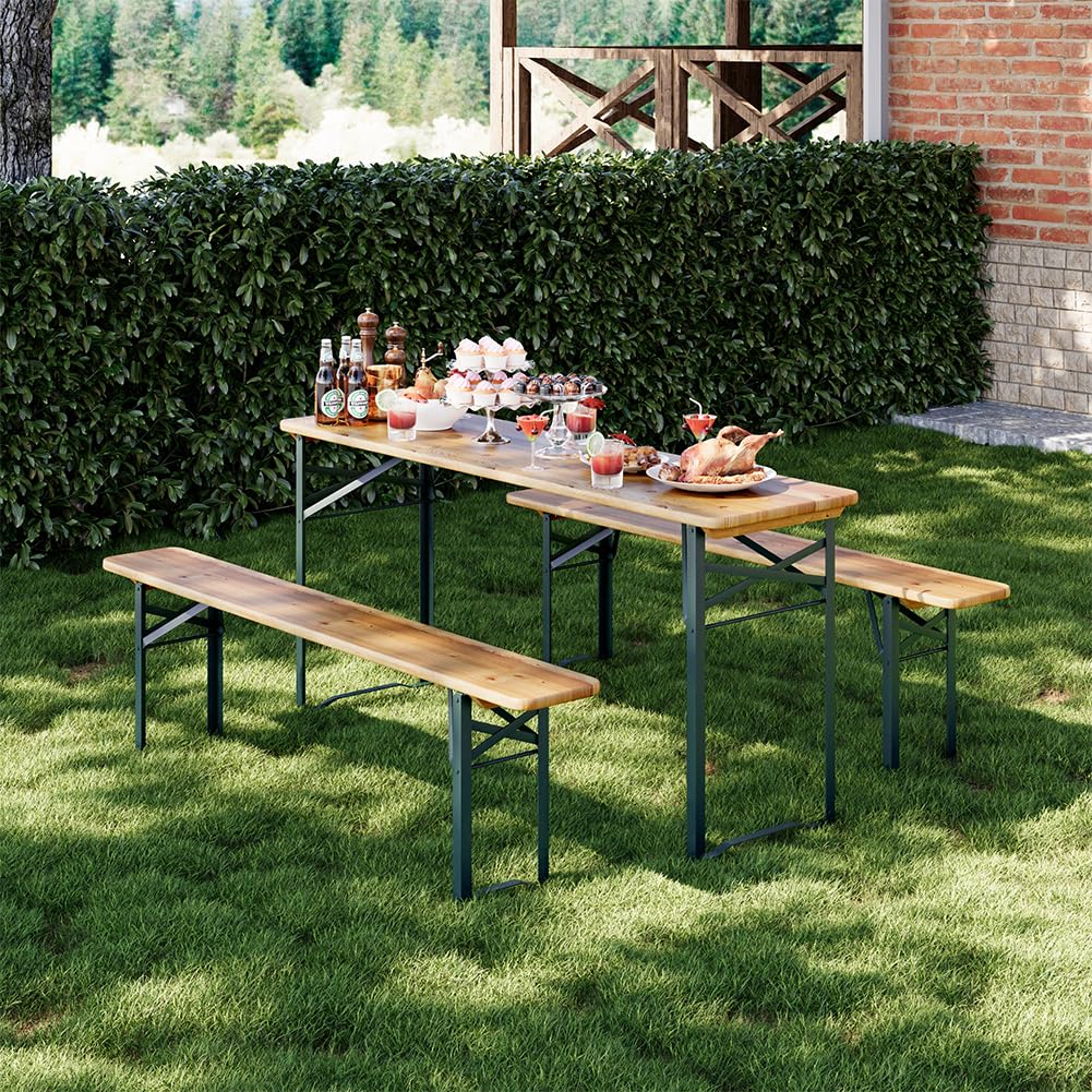 BAKAJI Set 3 Pezzi Birreria con Tavolo Pieghevole e Panche da Esterno, Struttura in Acciaio Comoda, Seduta Ergonomica e Resistente, Ideale per Giardino, Bar, Campeggio, Sagra (170 cm)