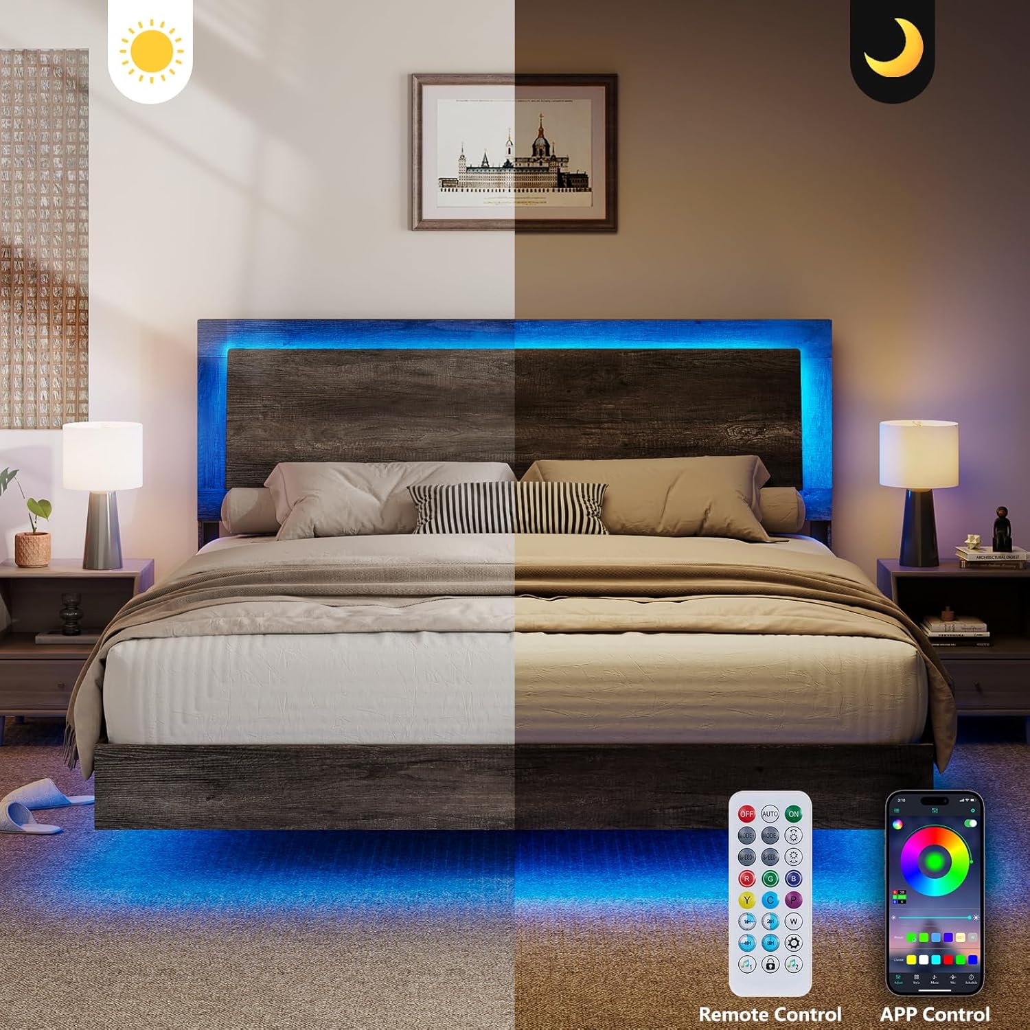 LUXOAK Queen Size Floating Bed Frame with LED Light, Farmhouse Platform Bed Frame with Unique Headboard/No Box Spring Needed/Noise Free/Easy Assembly, Rustic Grey