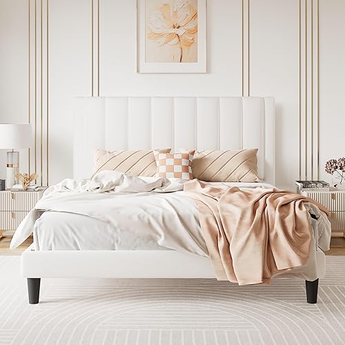 Miniatura 53 de SHA CERLIN Marco de cama matrimonial/plataforma tapizada de terciopelo con cabecero, soporte de listones de madera resistente, base de colchón, no