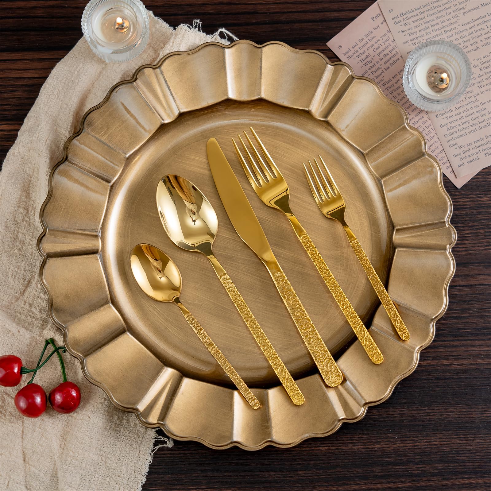 Besteck Set Gold für 12 Personen, Edelstahl Besteckset 60 teilig, Essbesteck mit Messer Gabel und Löffel, Vintage Design & SpüLmaschinenfest