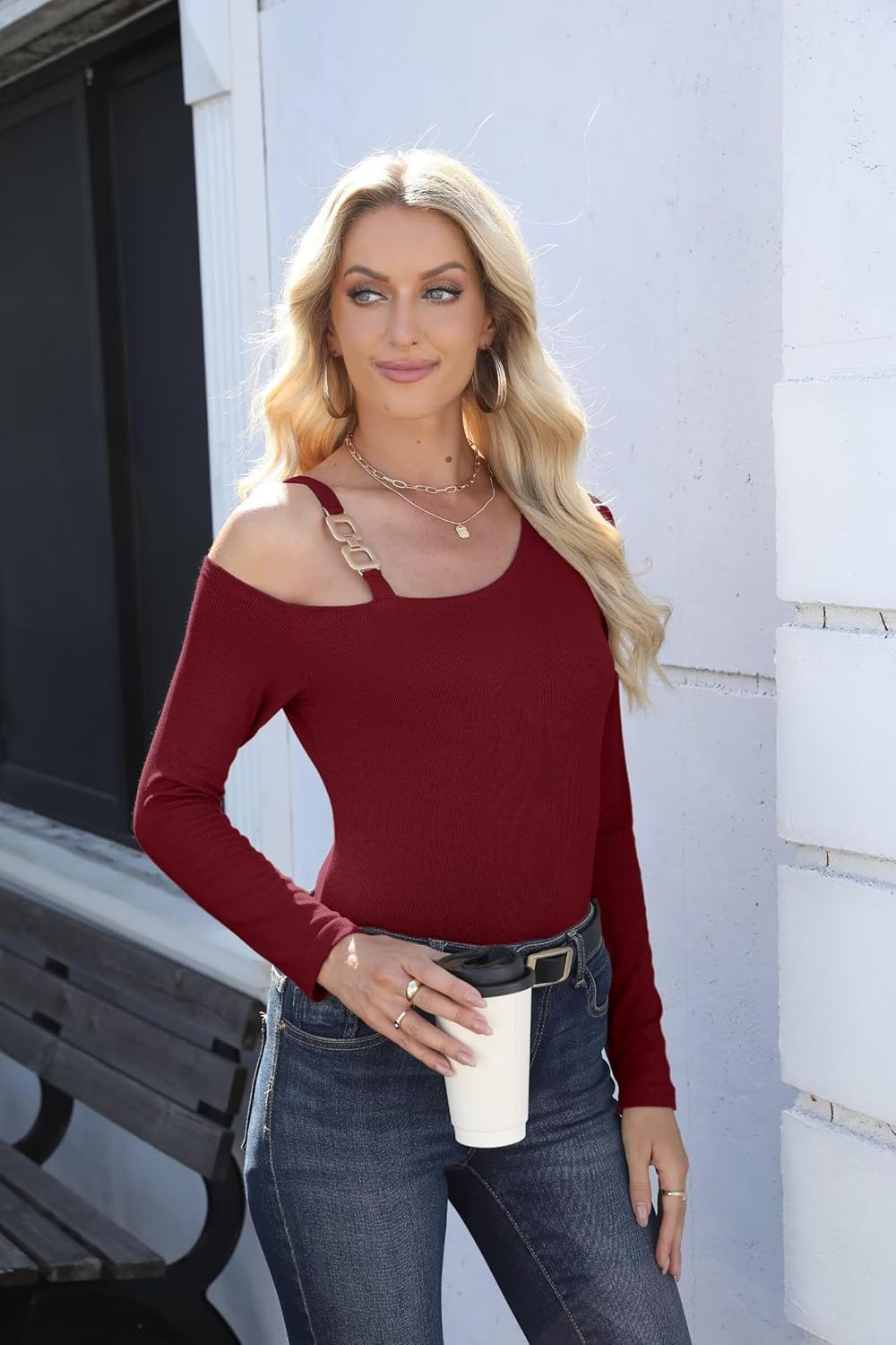 VICHYIE Womens Sexy Asymmetrical Neck Long Sleeve Cold Shoulder Shirts Ribbed Knit Slim Fitted Trendy Fashion Tops - Image 6