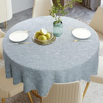 Rakila Linen Textured Round Tablecloth Solid Color Cotton Linen Heavy Duty Fabric Water Resistant Table Cover for Dining, Farmhouse, Kitchen, Tabletop Decoration 48inch, Light Blue