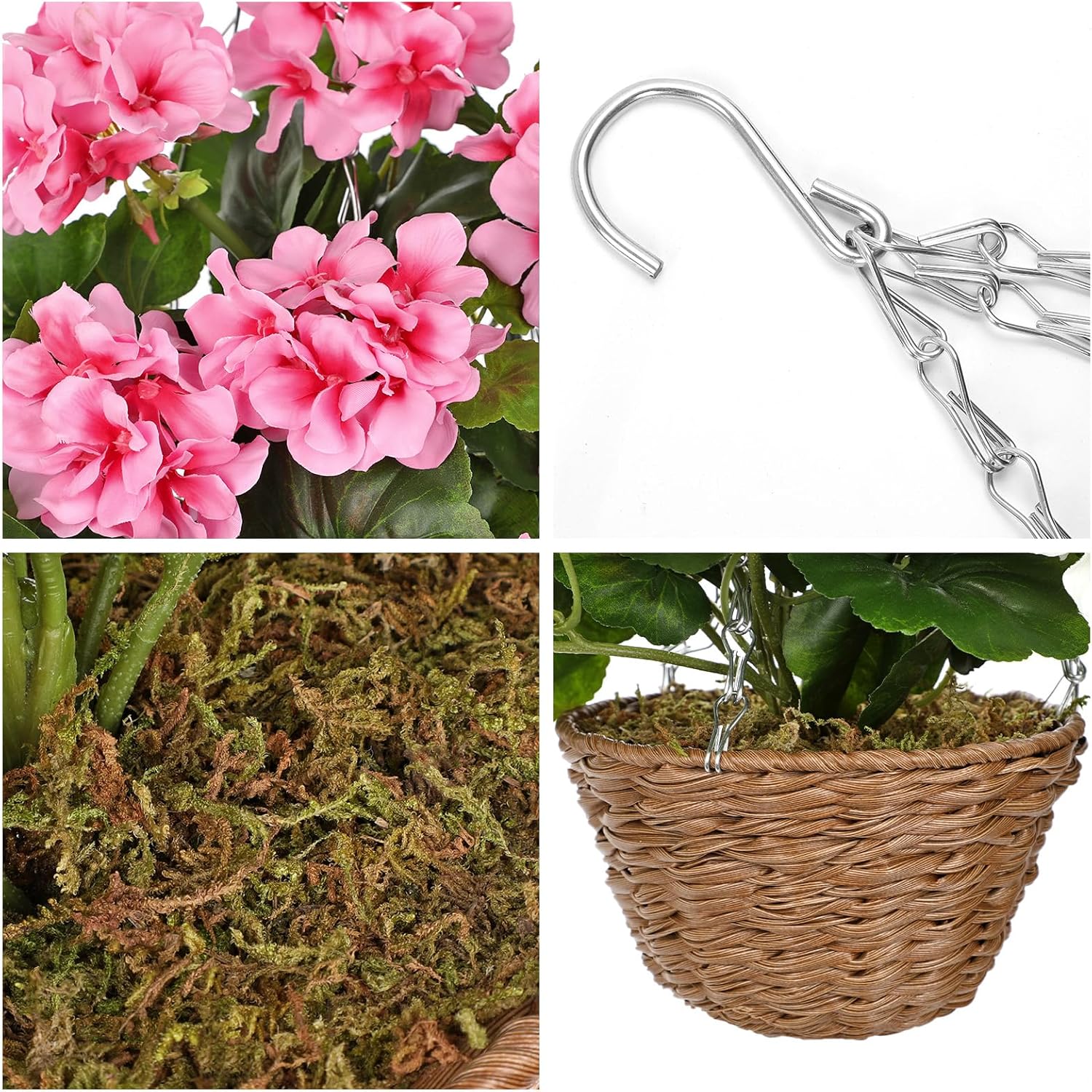 Briful Realistic Geraniums Artificial Hanging Basket for Outdoor, 23.6in Trailing Faux Pink Geranium Flowers in Handwoven Basket, UV Resistant Outdoor & Indoor Decor, Home Farmhouse Patio, Wedding