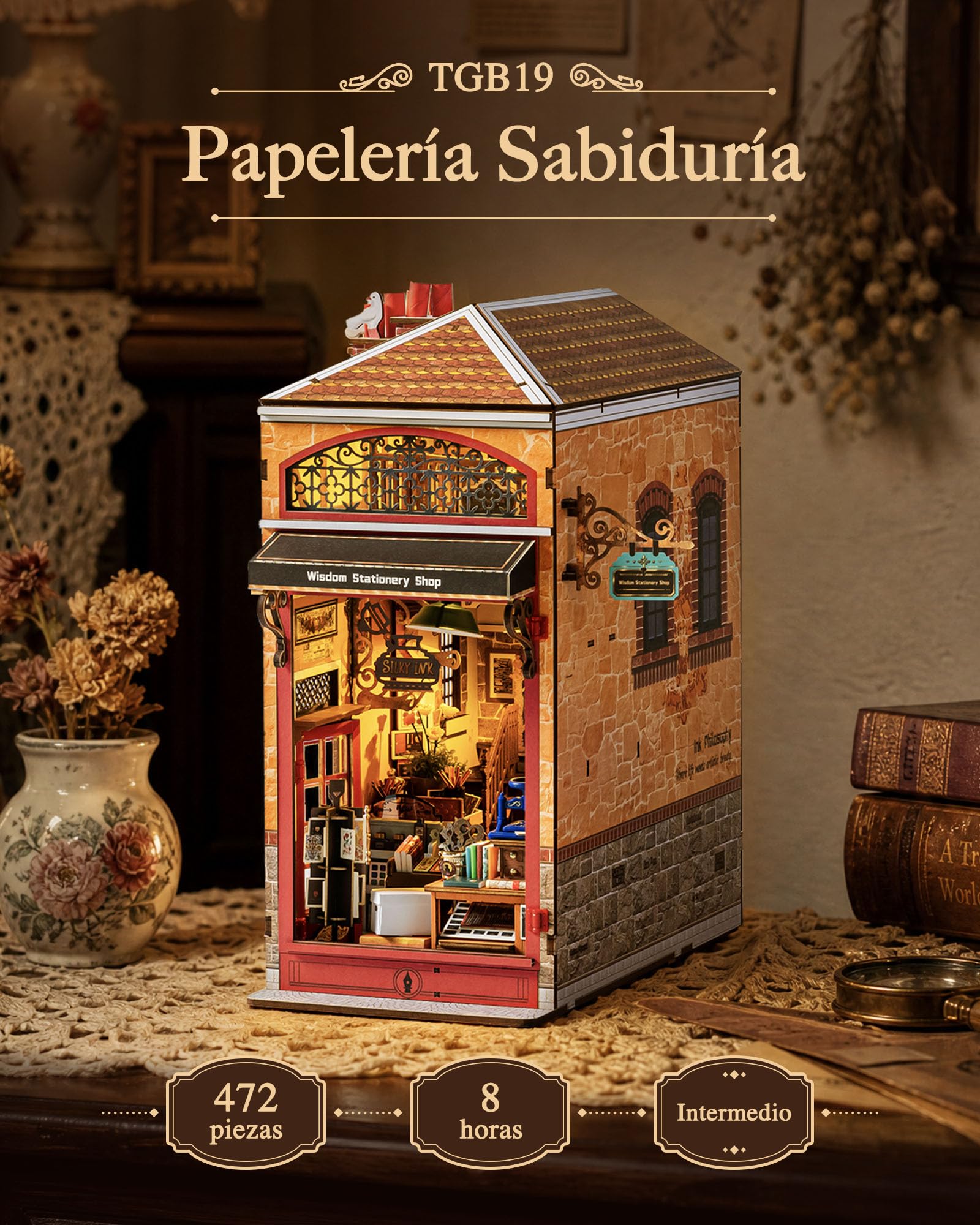 Rolife Book Nook Kit Casas Miniaturas para Montar Papelería de la Sabiduría Puzzle Madera 3D Adultos con Luces Decoracion Hogar Libro Maquetas para Construir Adultos Regalo para Madre Niños