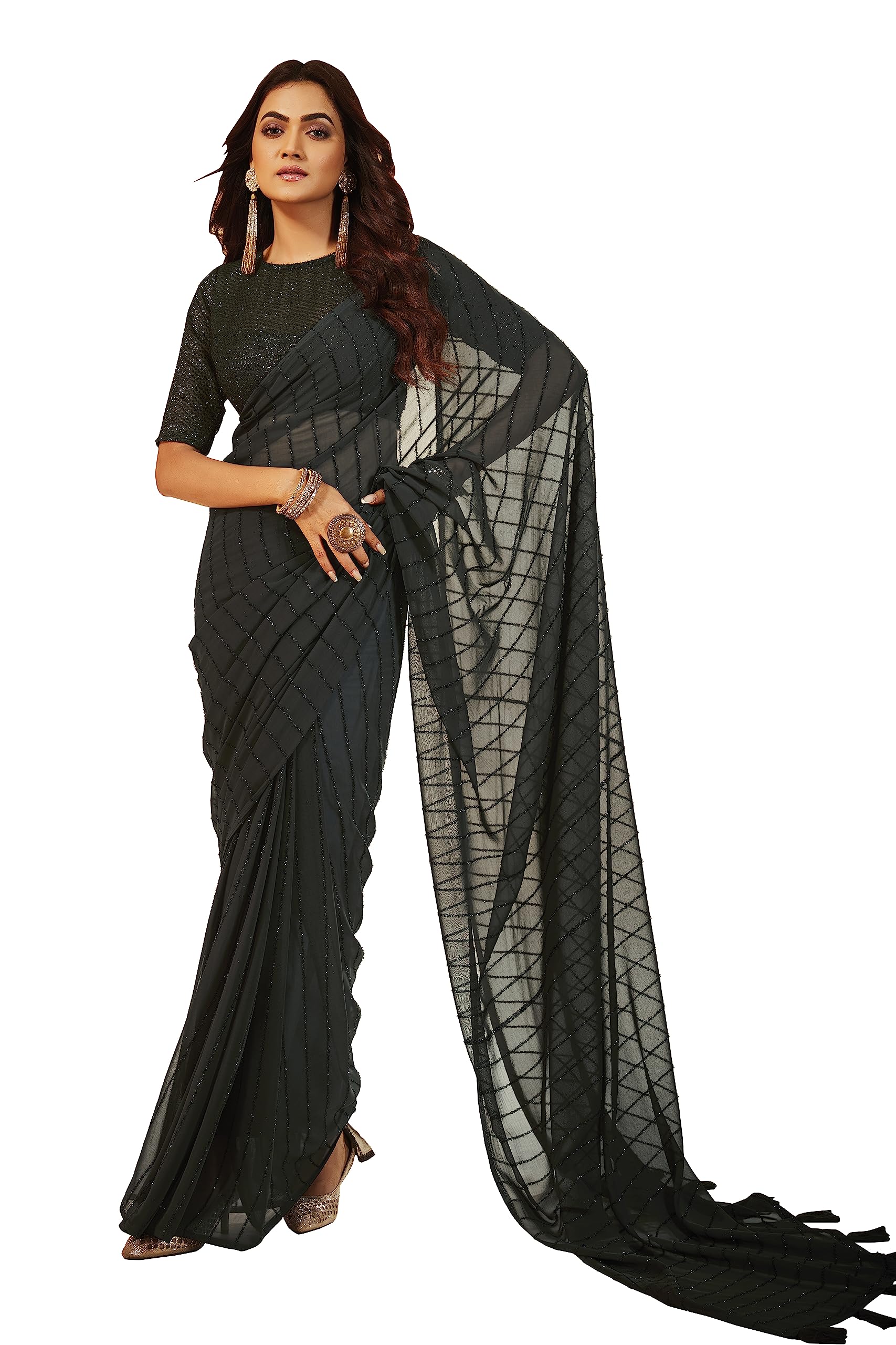 Elina fashionGeorgette Sarees For Women Indian Party Wear Sequins Saree Sari & Unstitched Blouse