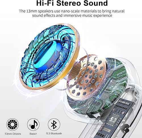 Miniatura 3 de Auriculares inalámbricos, auriculares Bluetooth 5.4 HiFi estéreo, micrófono con cancelación de ruido ENC, auriculares inalámbricos con pantalla LED
