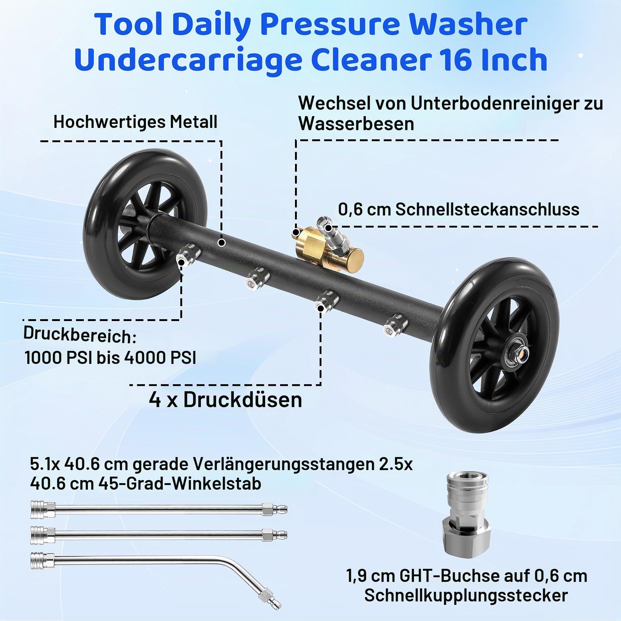 Tool Daily Unterwagen Hochdruckreiniger Aufsatz 16 Zoll, Doppelfunktion Unterbaureiniger für Hochdruckreiniger und Gartenschlauch, unter Autowaschwasserbesen mit 3 Stück Verlängerungsstab, 4000 PSI