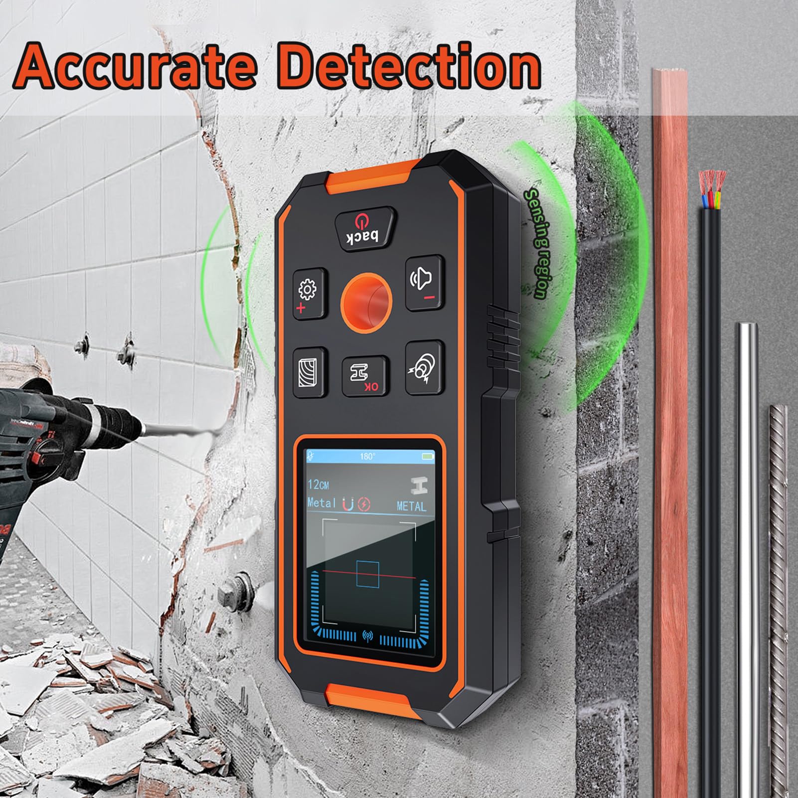 Detector de escáner de pared 3 en 1 para madera, metal y cables de CA activos con pantalla LCD a color de 2,4 pulgadas, medición de profundidad de hasta 3,15 pulgadas, batería de