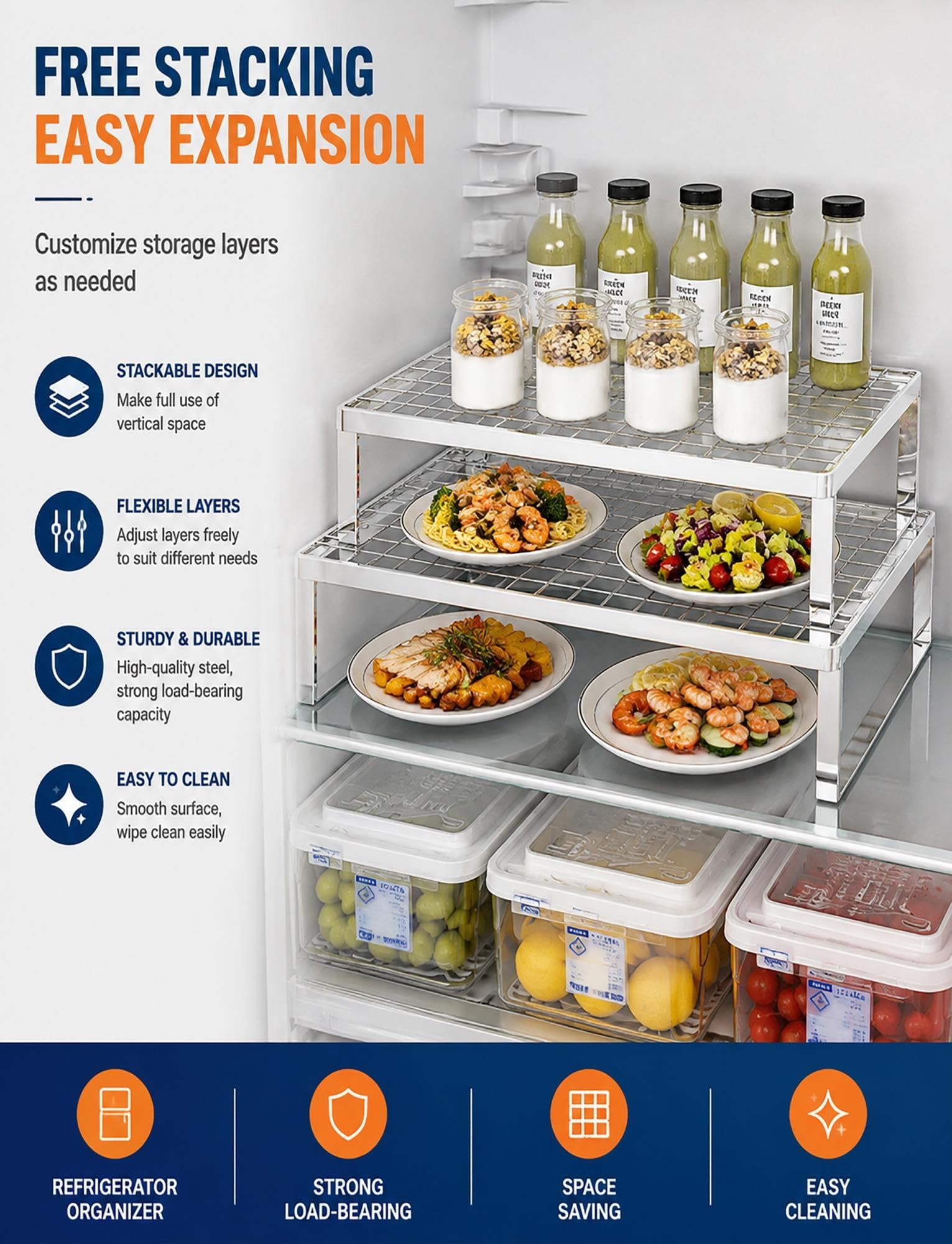 Estante organizador for refrigerador, estante apilable for refrigerador | Maximice el espacio del refrigerador con Piso apilables for platos(Black,19.7x10.6x6in(500x270x150mm))