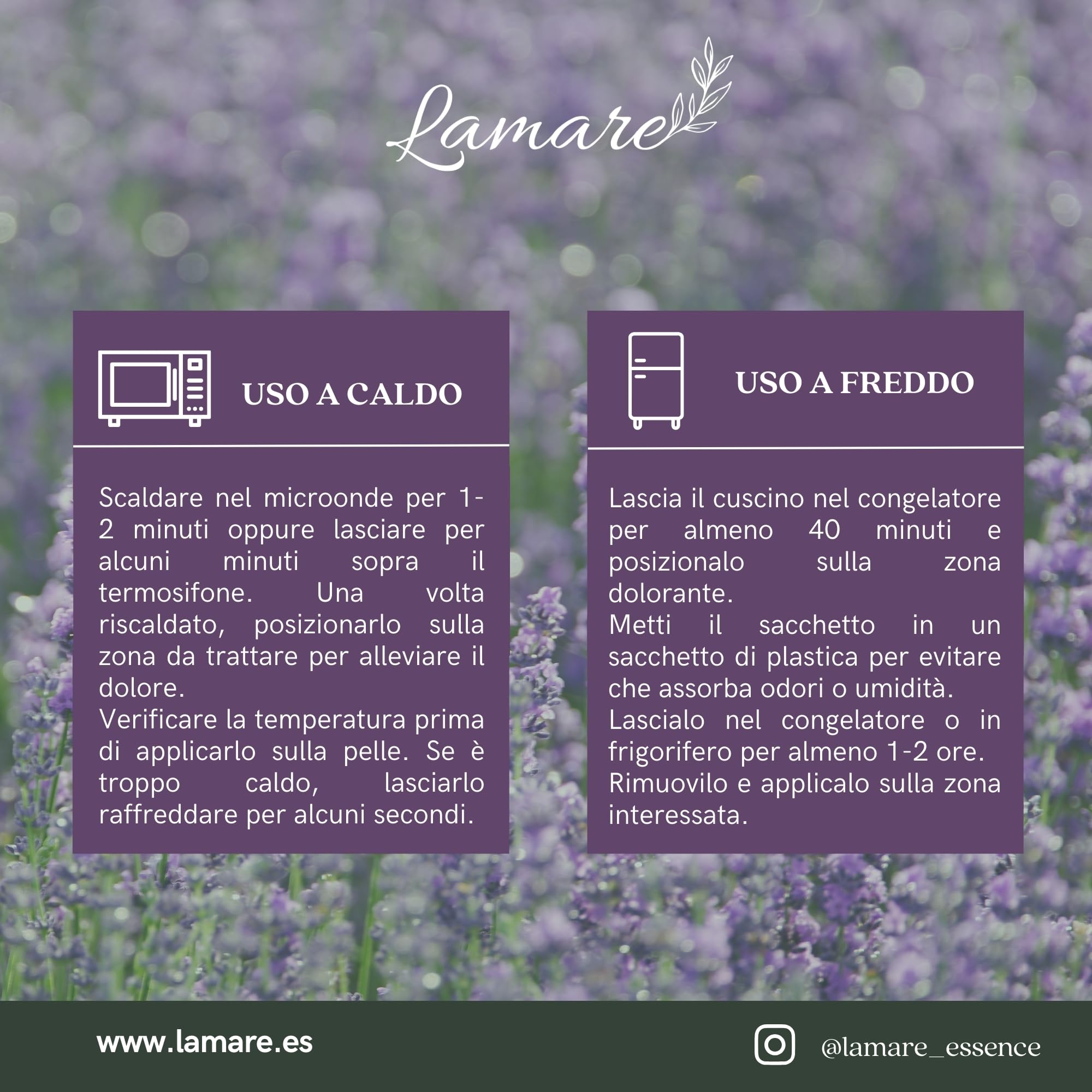 Lamare - Cuscino termico con semi di grano ecologico e lavanda, 48 x 15 cm, rivestimento lavabile 100% cotone, per cervicale e coliche, terapie a freddo e caldo, Lavanda stampata