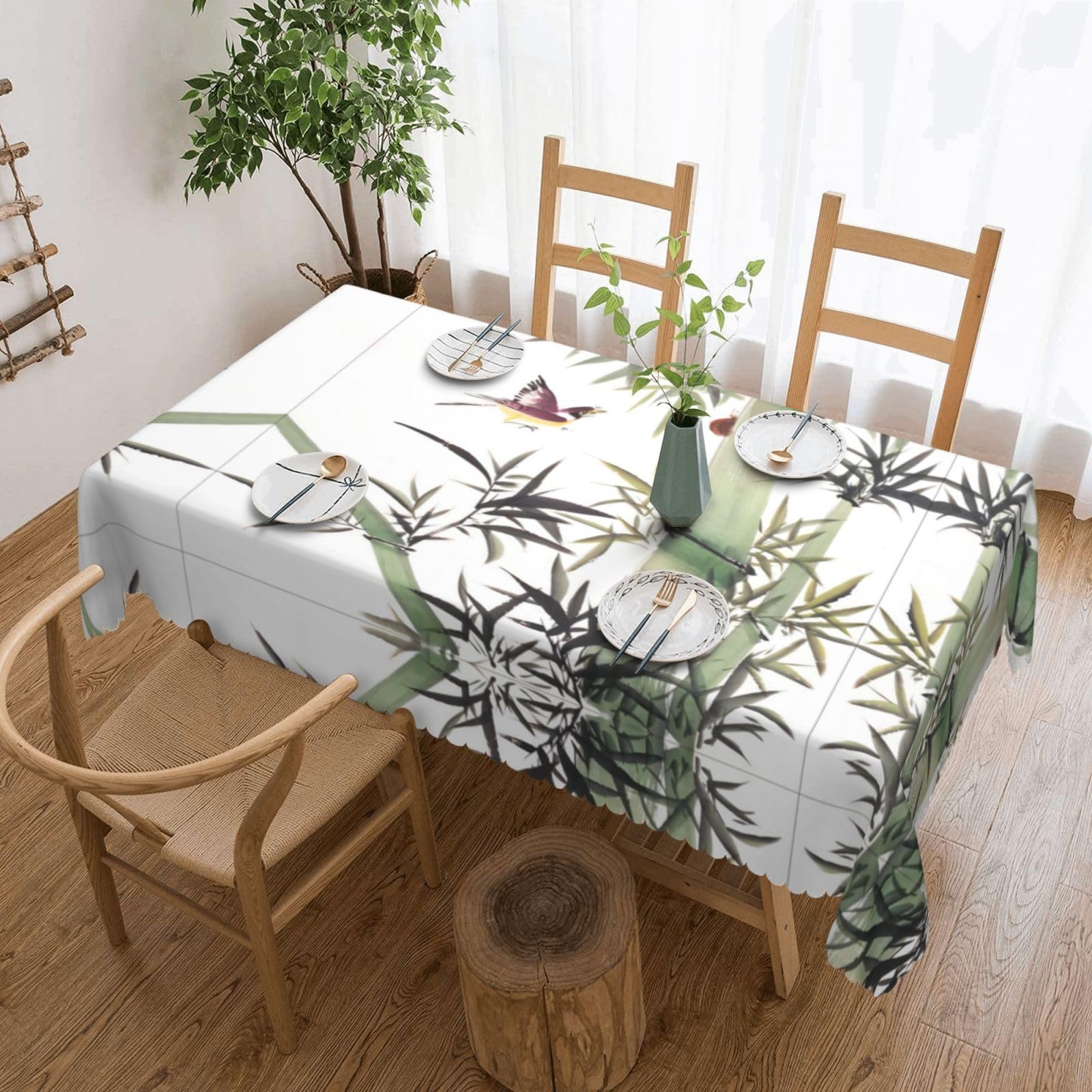QAZWZML Bamboo Bird Pattern Printed tablecloth, made of thick polyester with lace trim, suitable for dining rooms, picnics, and weddings