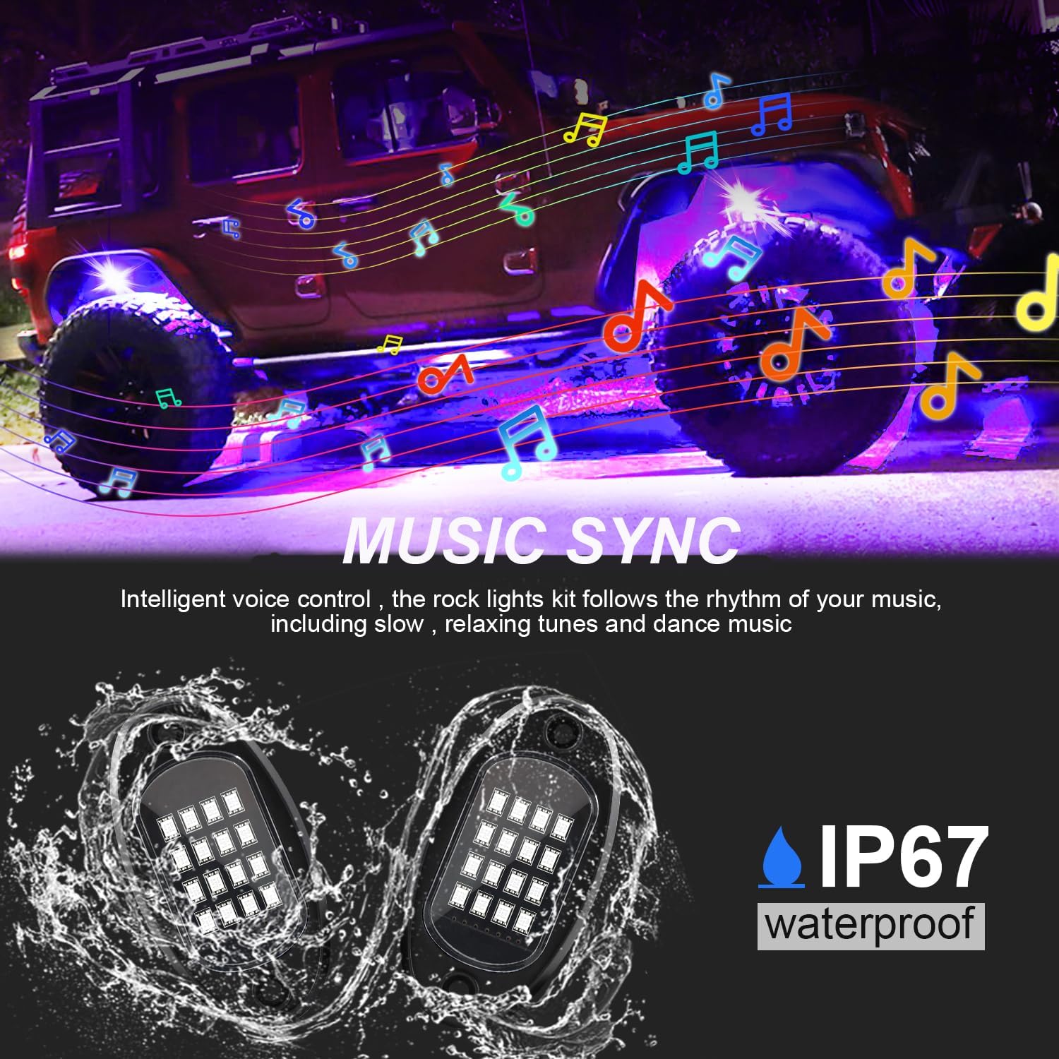 4 Pods Rock Lights for Trucks, RGB APP Control Music Mode Multilcolor Waterproof High Bright LED UTV ATV RZR Underglow kit