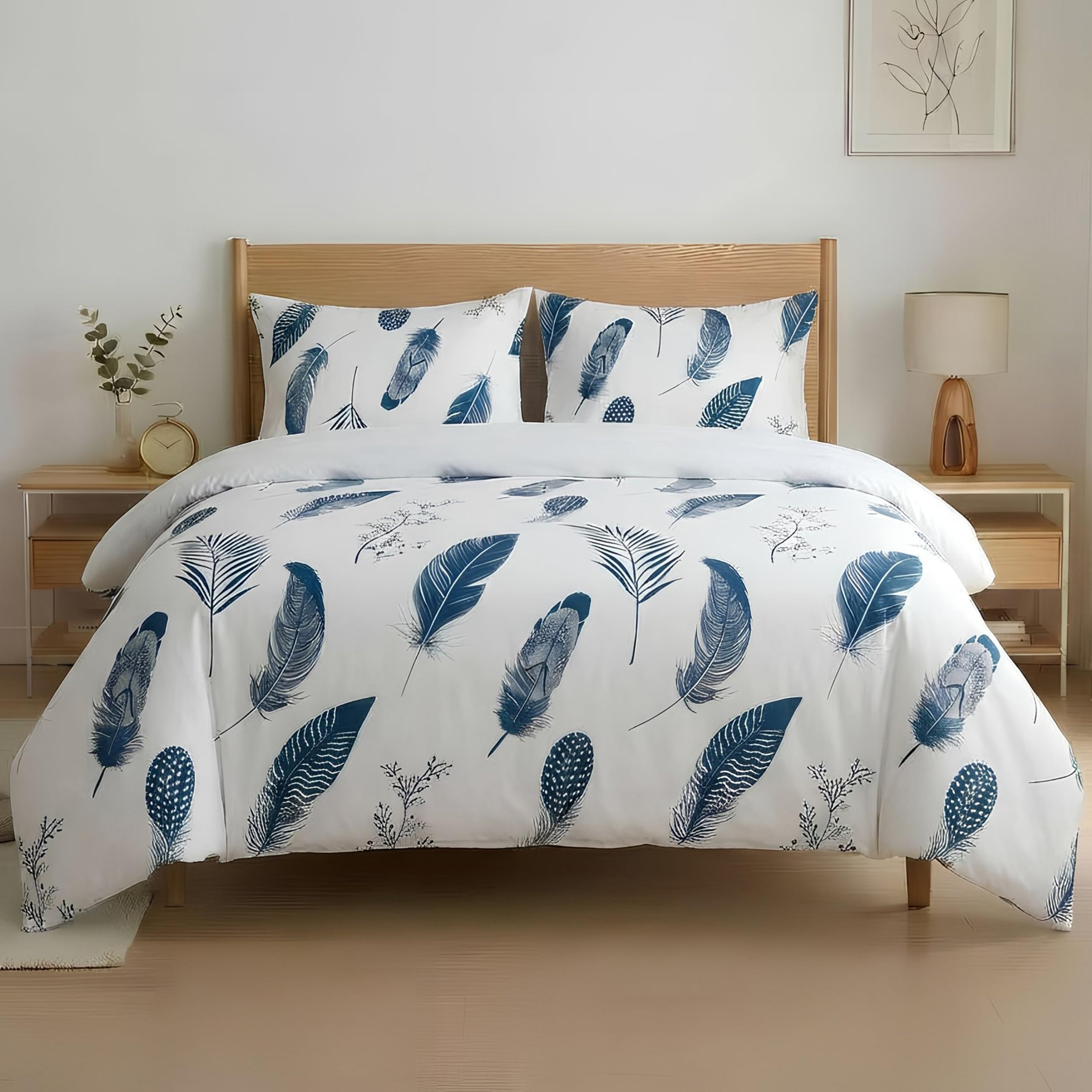 Etrexonline Juego de Funda Nórdica 4 Piezas Cama 150 Microfibra Suave Transpirable - 1 Funda Edredón 220x240 cm, 1 Bajera 150x200+30 cm y 2 Fundas de Almohada 50x75 cm (Pluma Azul)