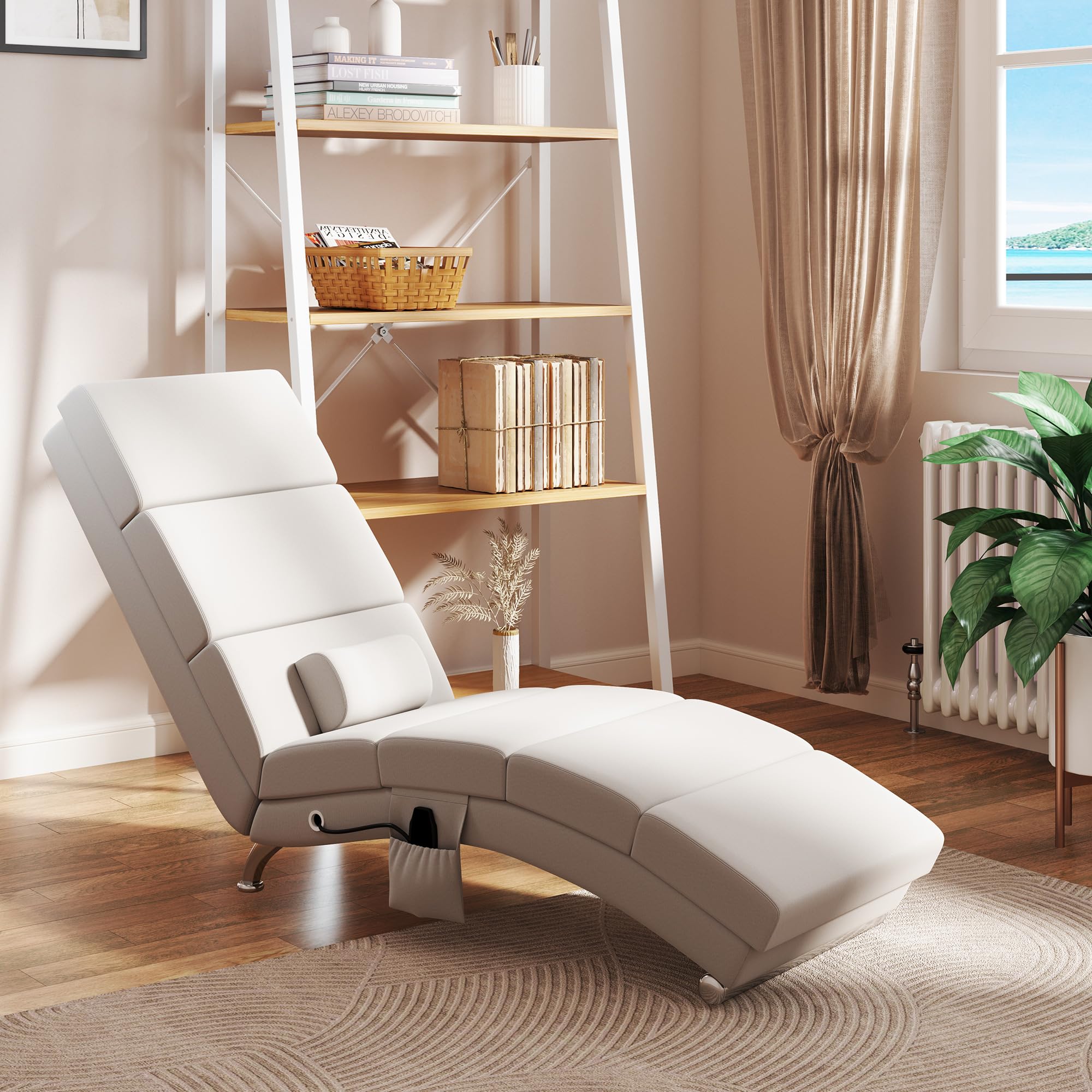 HOMCOM Sillón de Masaje y Calefacción Lounge Chaise Longue Reclinable con Mando a Distancia y Almohada para Dormitorio y Salón, Tejido Efecto Lino Crema | Meridienne, chaise longue de interior, almohada, mando a distancia, para dormitorio, sala de estar