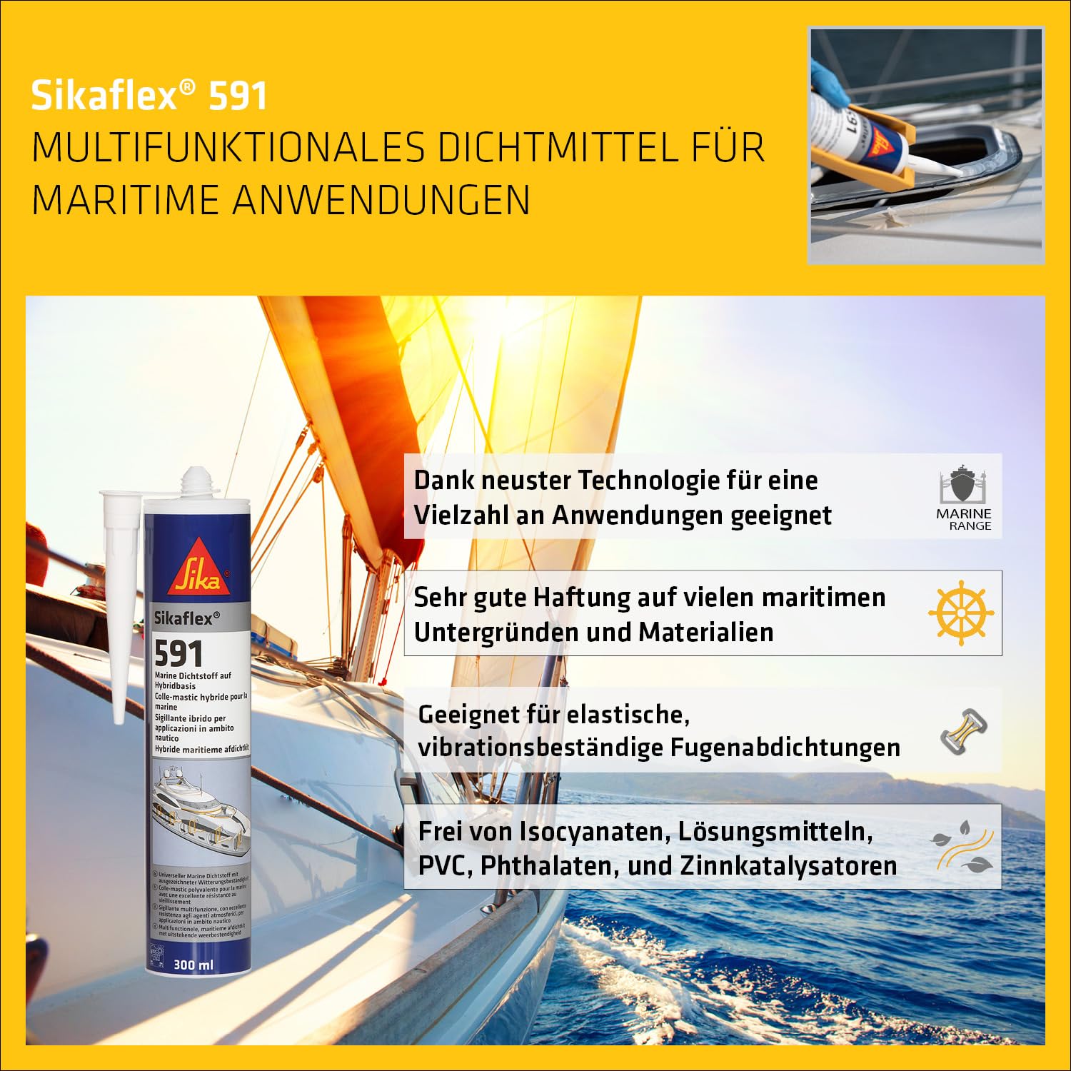 Sika - Sikaflex 591, witterungsbeständiger Dichtstoff für Marineanwendungen an Booten und Schiffen, Fugenabdichtungen innen und außen, 300 ml, weiß