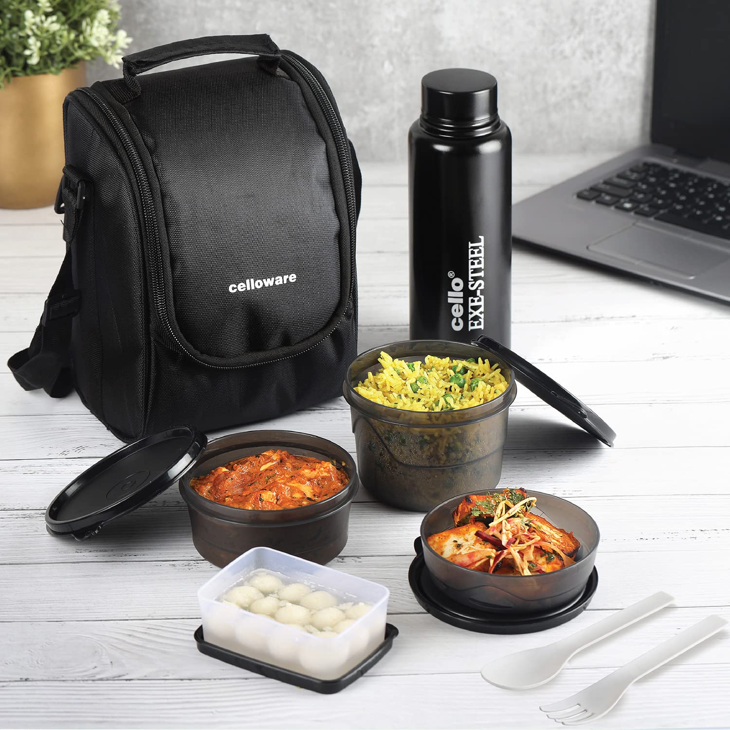 CELLO MF All in One Lunch Box Set of 5 with Bag,Black | 3 Containers with Steel Inner, 1 Plastic Pickle Box and 1 Steel Bottle | Microwave Safe | Insulated Tiffin Ideal for Office, School, College (B0BX44KWZM) Amazon Price History, Amazon Price Tracker
